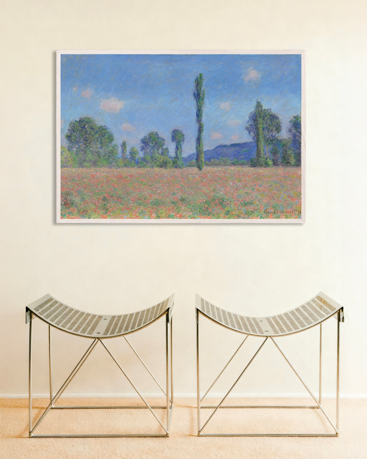 Claude Monet’n Unikkopelto, Giverny (1890) -juliste valkoisessa puukehyksessä