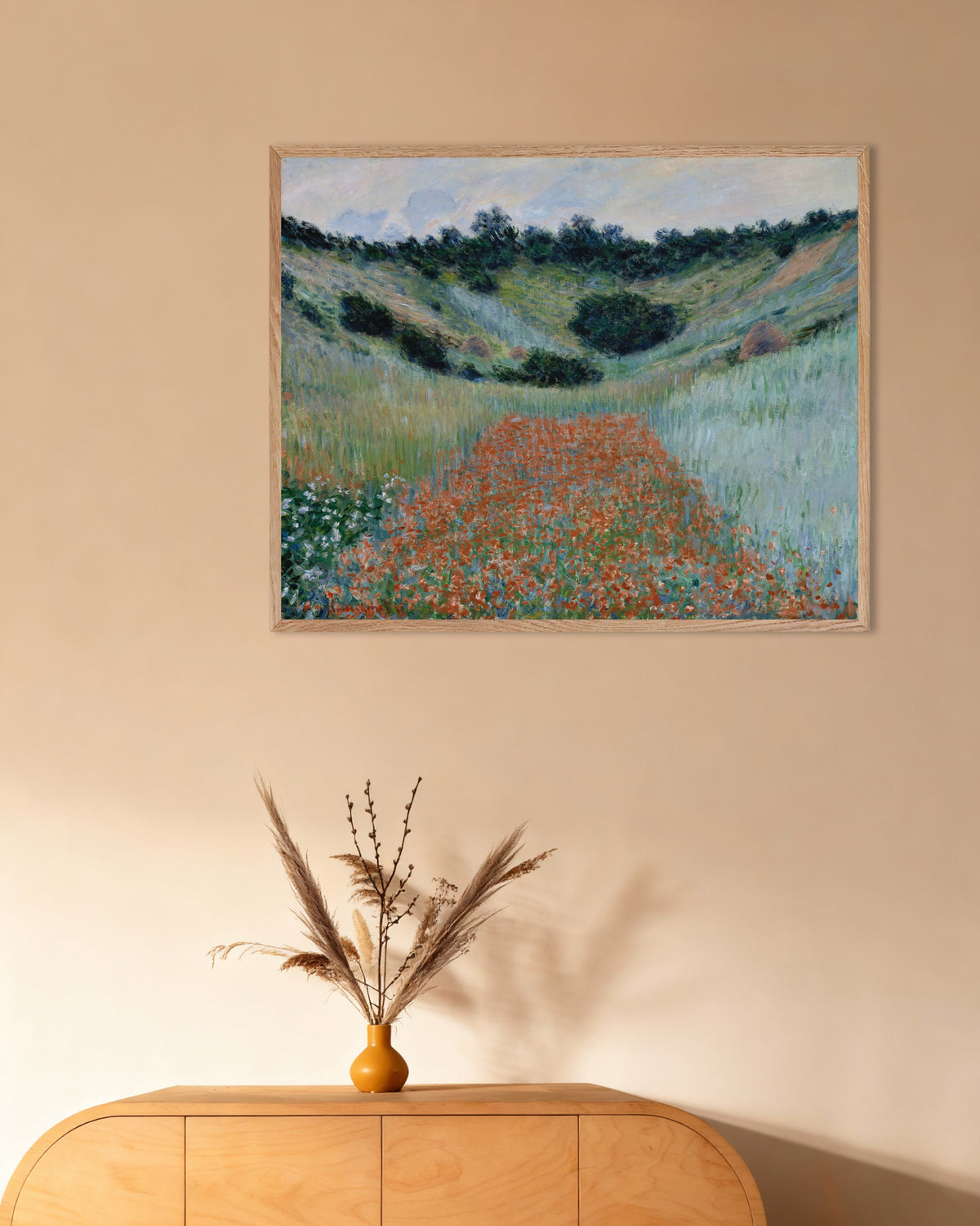 Claude Monet’n Unikkopelto notkossa Givernyn lähellä (1885) -juliste luonnonvärisessä puukehyksessä