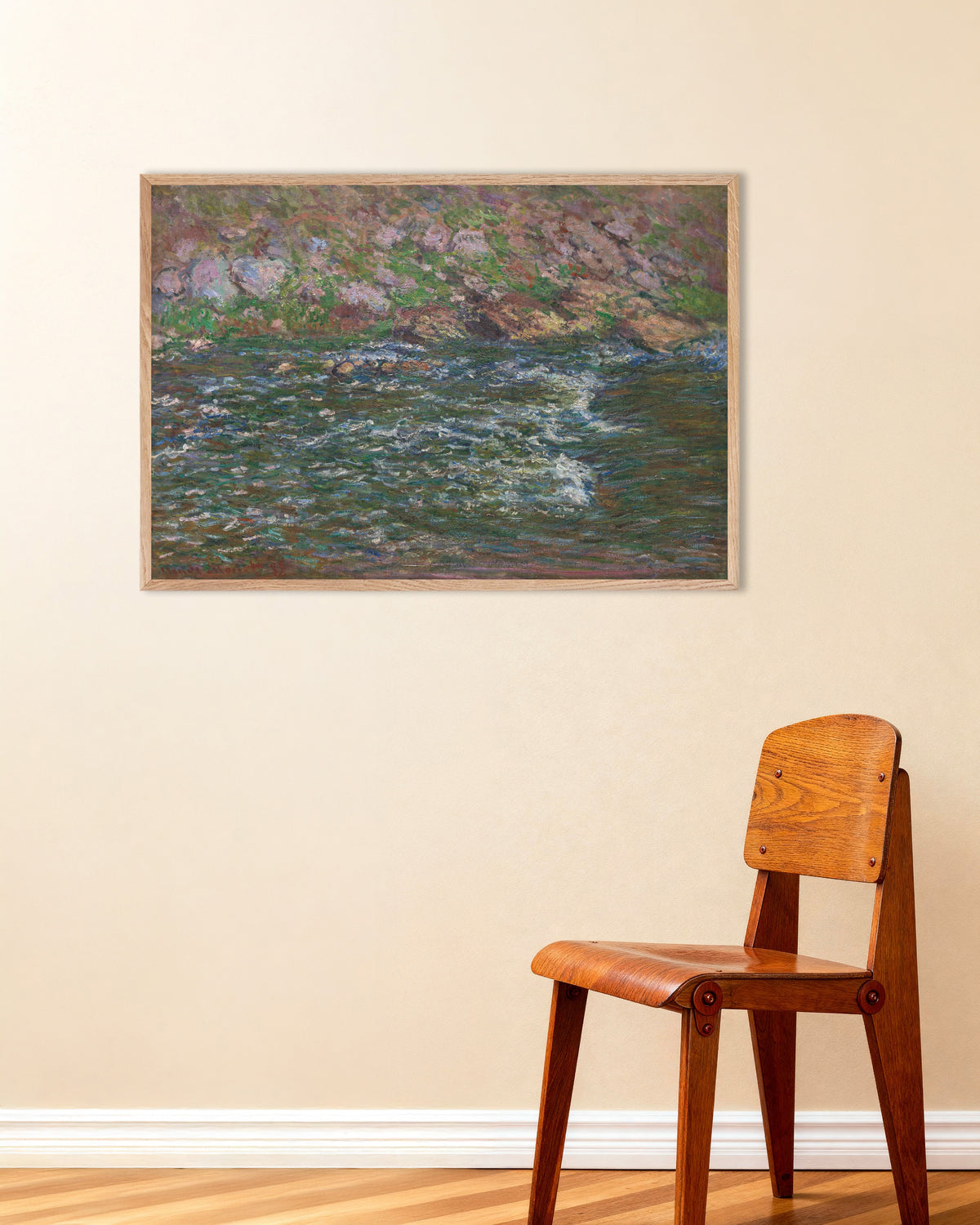 Claude Monet’n Kosket Petite Creusessa Fresselinesissä (1889) -juliste luonnonvärisessä puukehyksessä