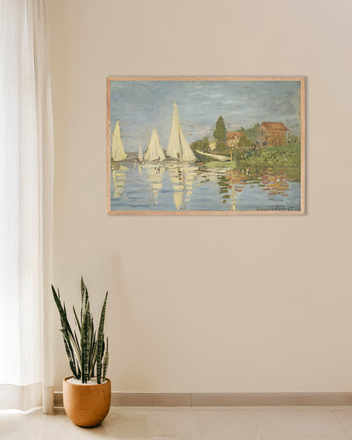 Claude Monet’n Regatta Argenteuilissa (n. 1872) -juliste luonnonvärisessä puukehyksessä