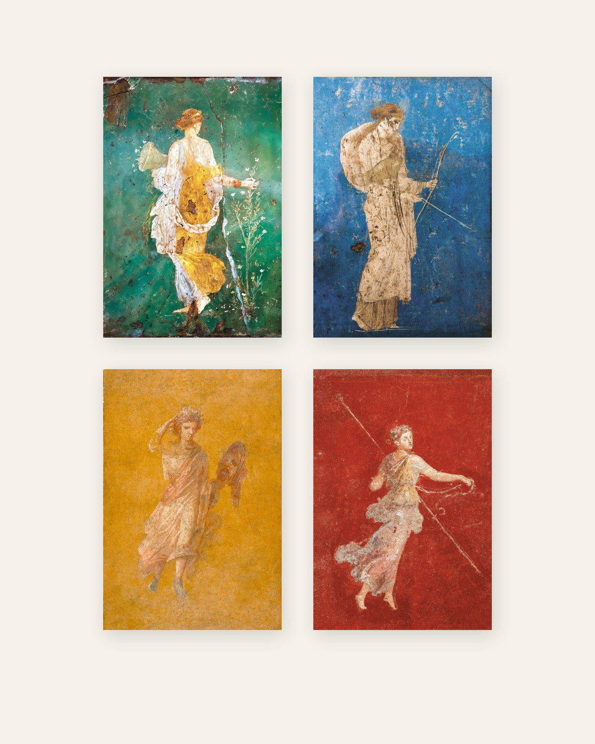 4 roomalaisen freskojulisteen sarja, Flora, Artemis, Melpomene ja mainadi, ilman kehystä
