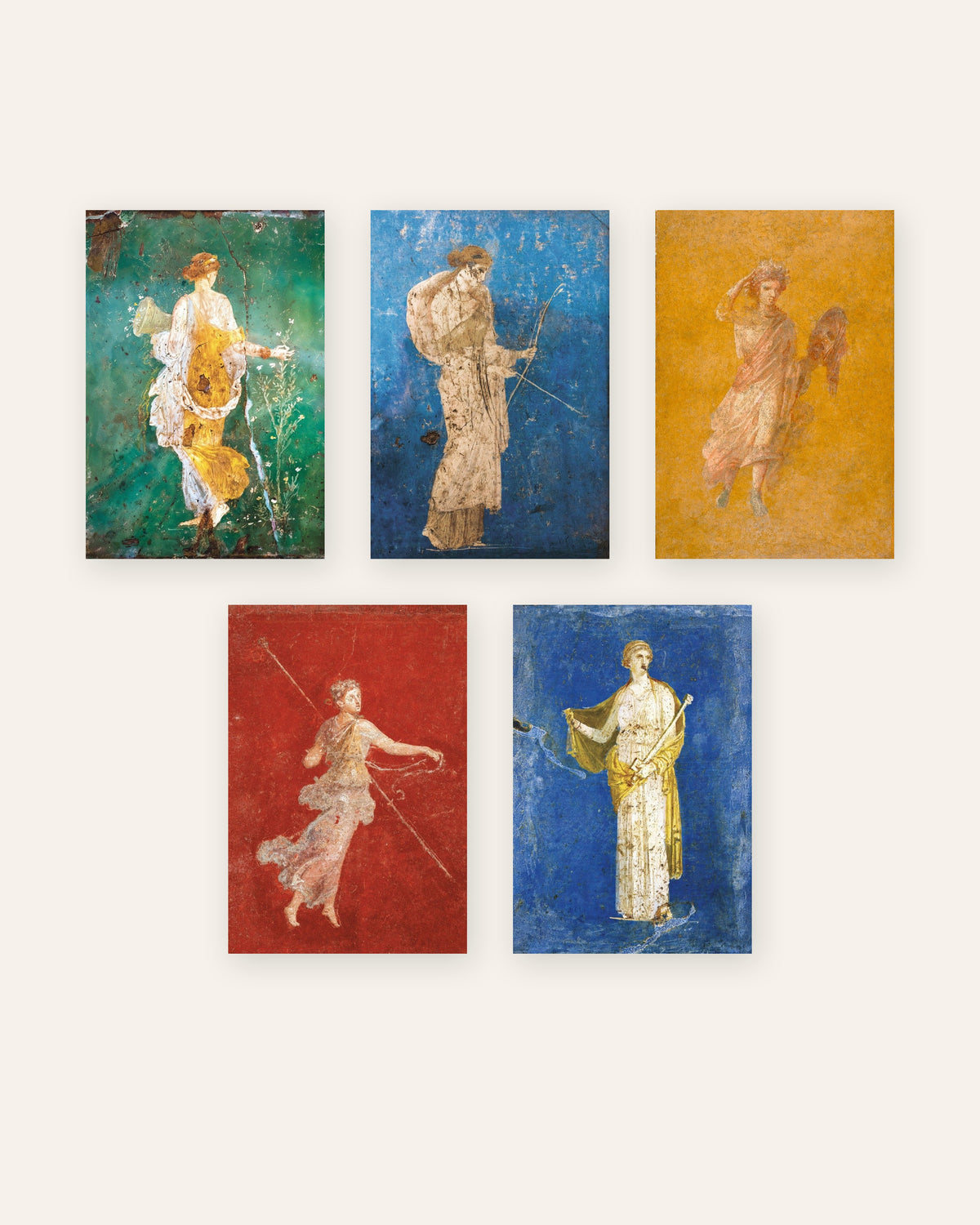 5 roomalaisen freskojulisteen sarja, Flora, Artemis, Melpomene, mainadi ja Medea, ilman kehystä