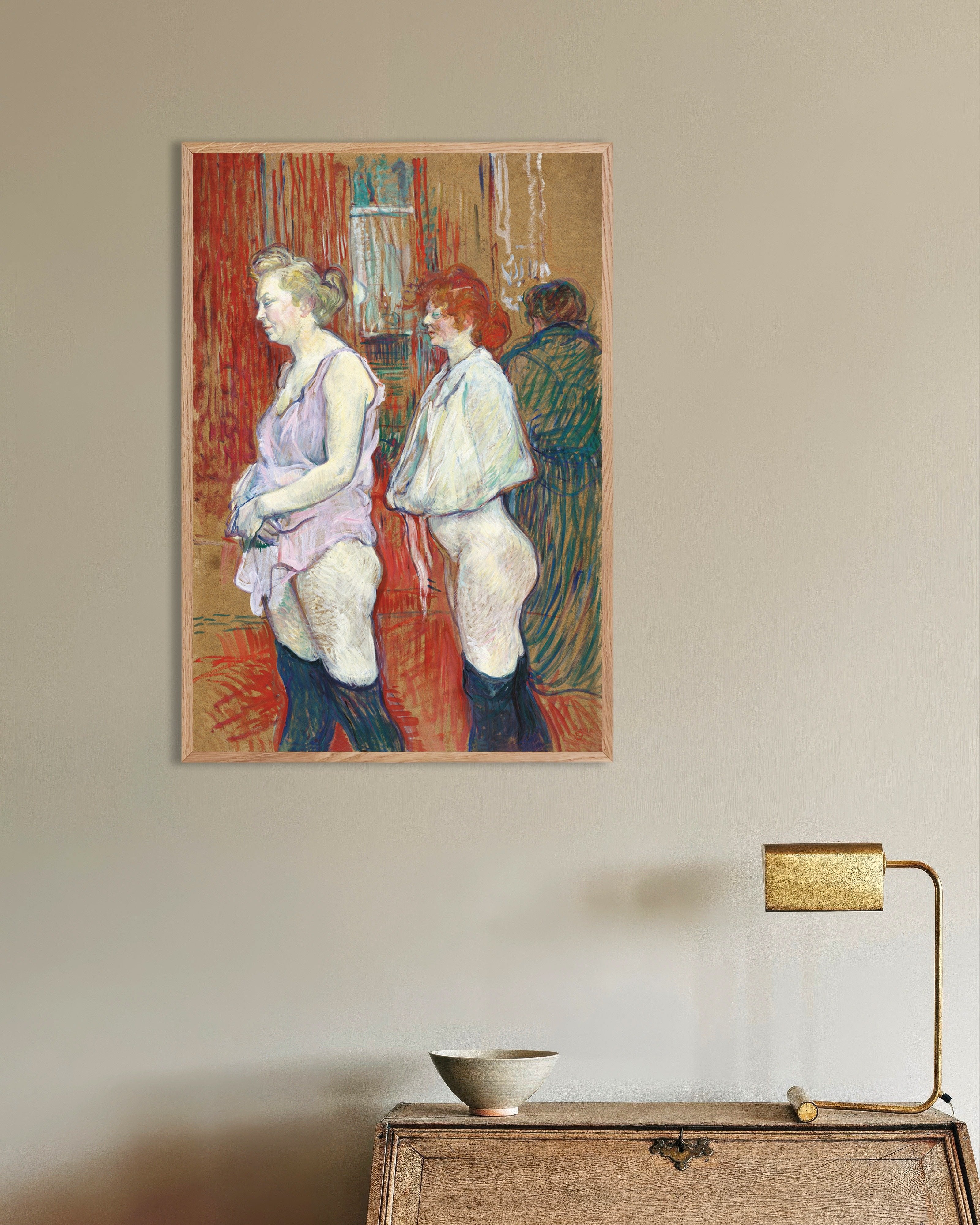 Poster of Rue des Moulins (1894) by Henri de Toulouse-Lautrec, with natural wooden frame