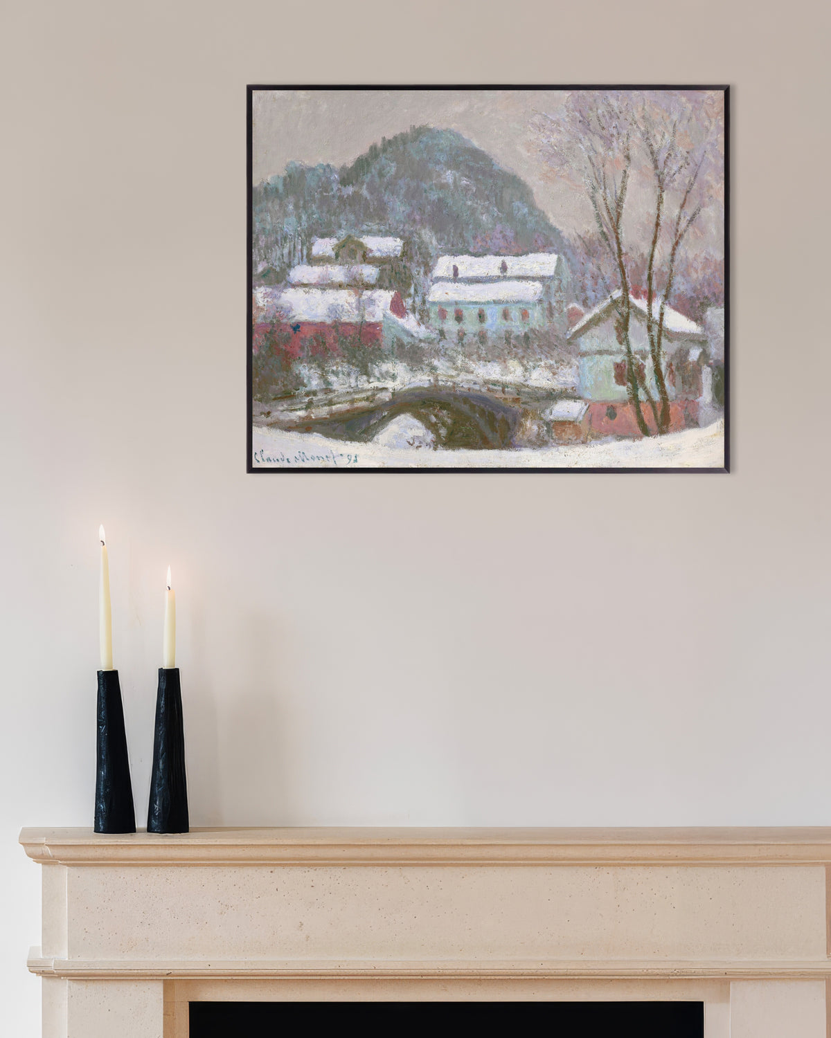 Claude Monet’n Sandvika, Norja, lumivaikutelma (1895) -juliste metallikehyksessä
