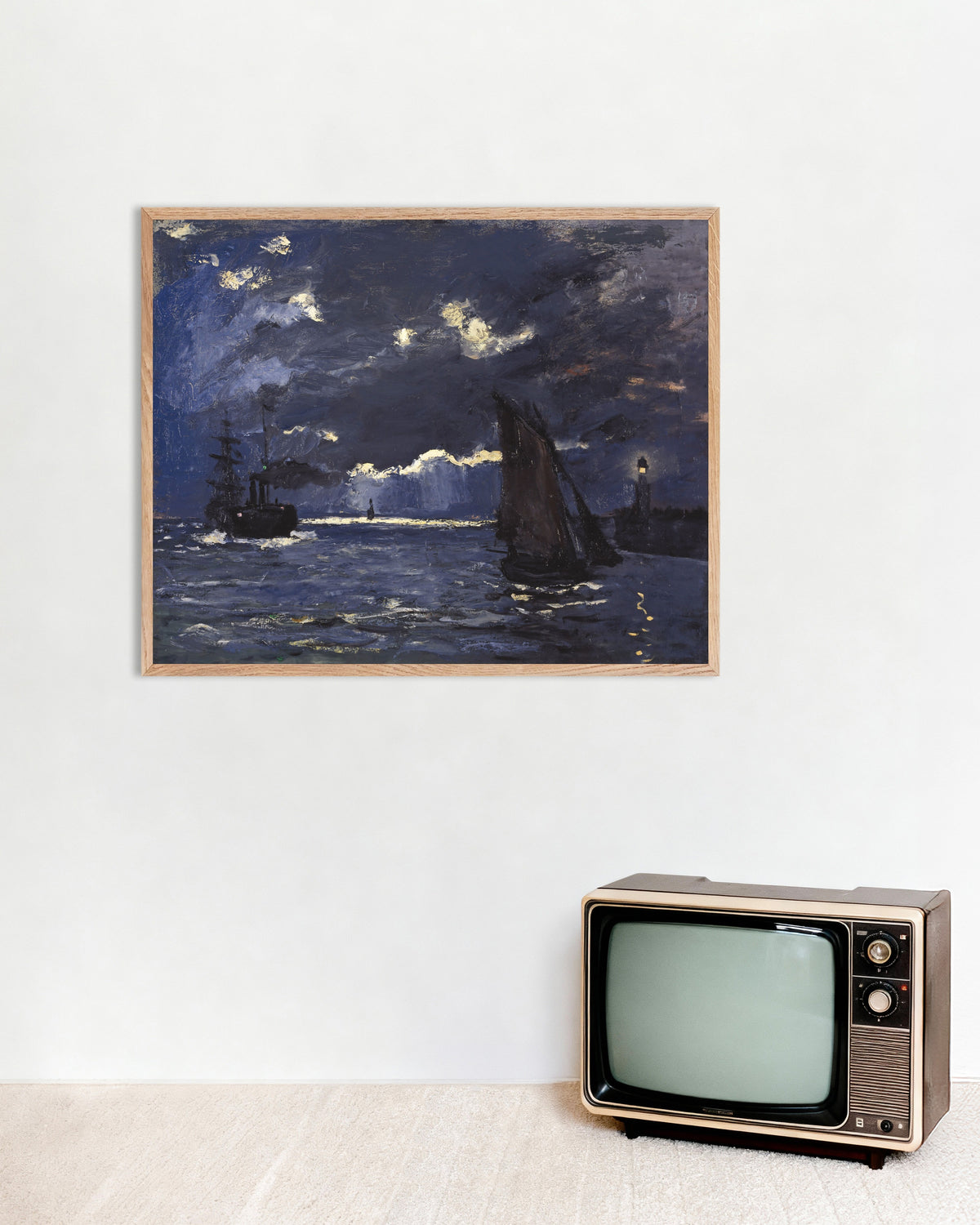 Claude Monet’n Merimaisema, laivoja kuunvalossa (1864) -juliste luonnonvärisessä puukehyksessä