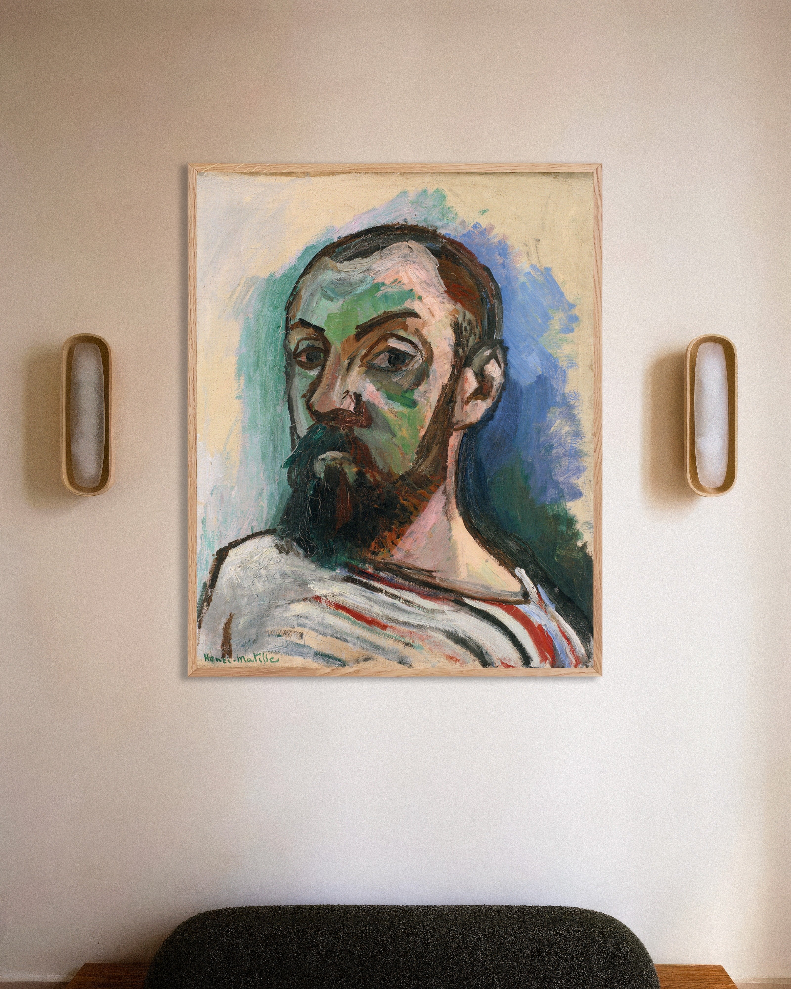 Poster of Self-portrait in a striped t-shirt (1906) by Henri Matisse, with natural wooden frame