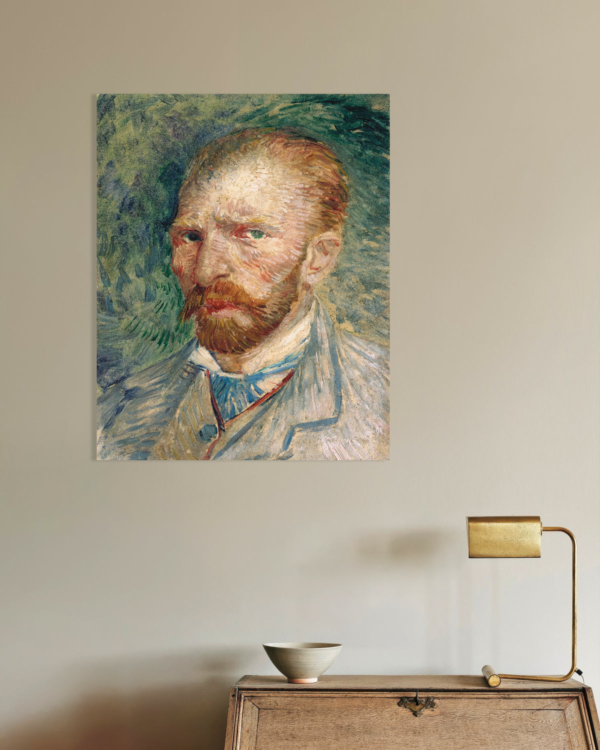Juliste teoksesta Vincent van Goghin omakuva vihreällä taustalla (1886)
