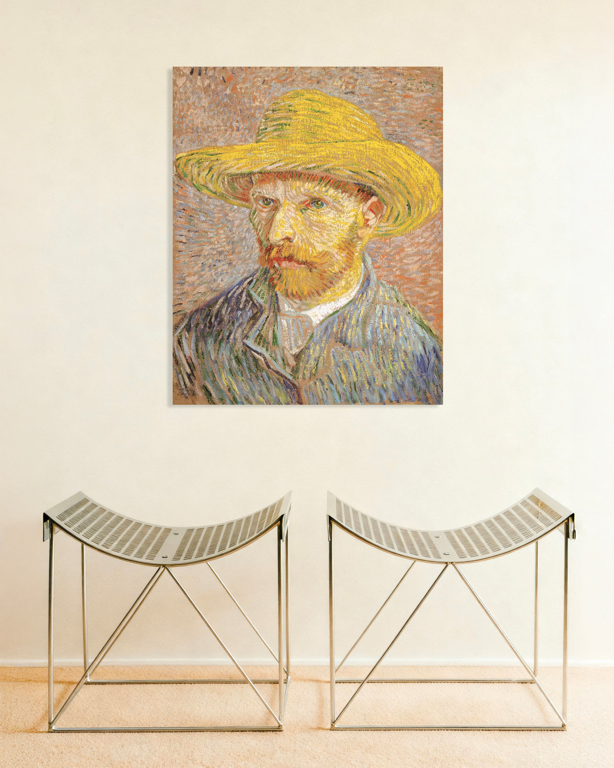 Juliste teoksesta Omakuvallinen olkihattu oranssilla taustalla (1887), Vincent van Gogh