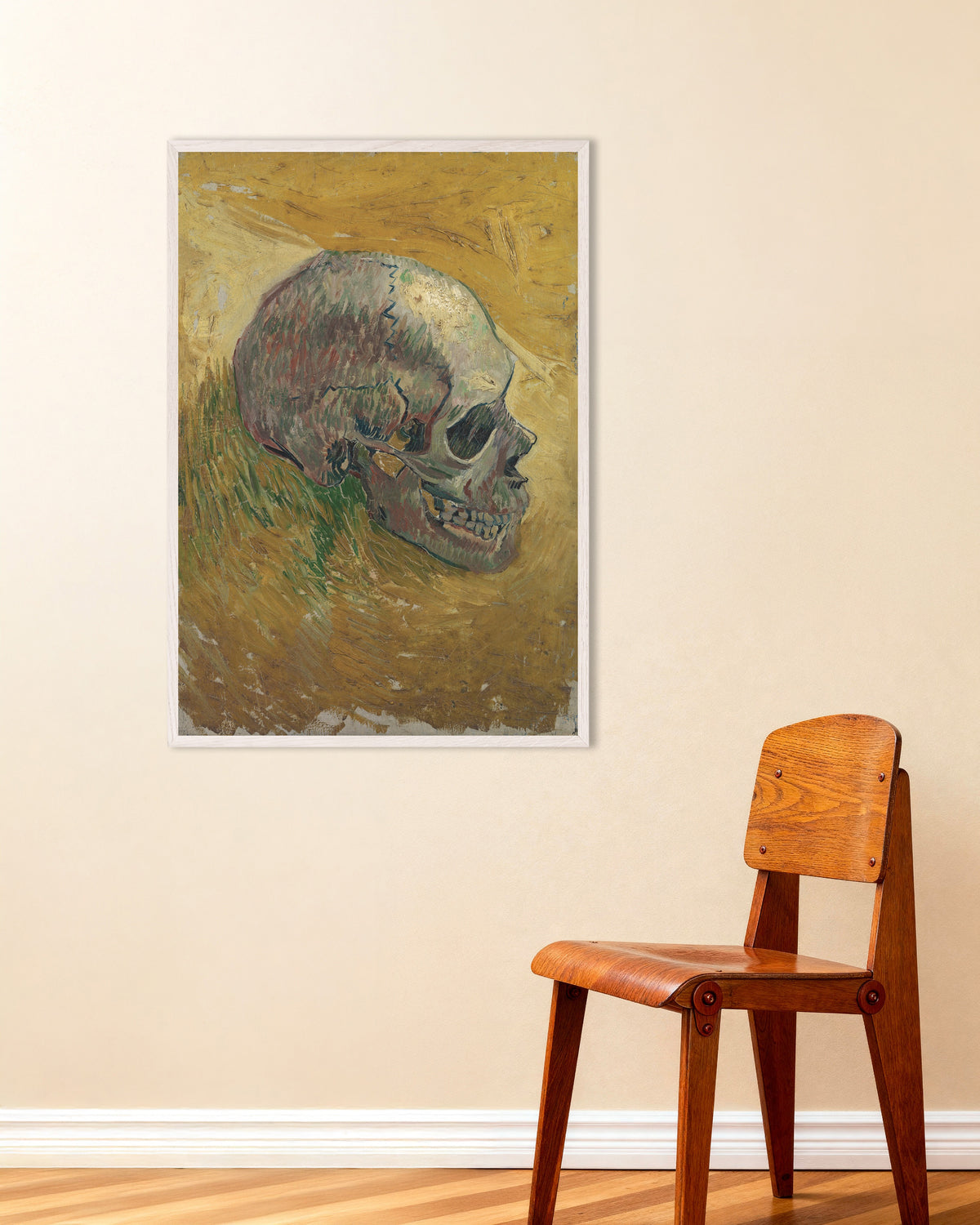 Juliste teoksesta Pääkallo (1887), Vincent van Gogh, valkoisissa puukehyksissä