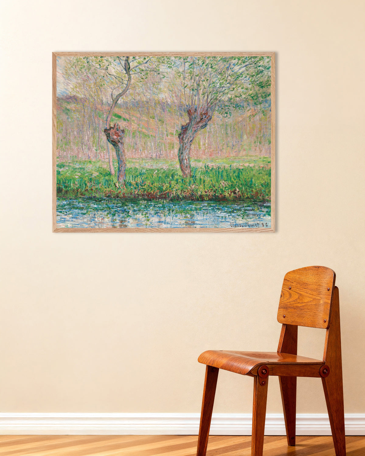 Claude Monet’n Kevät, pajut (1885) -juliste luonnonvärisessä puukehyksessä