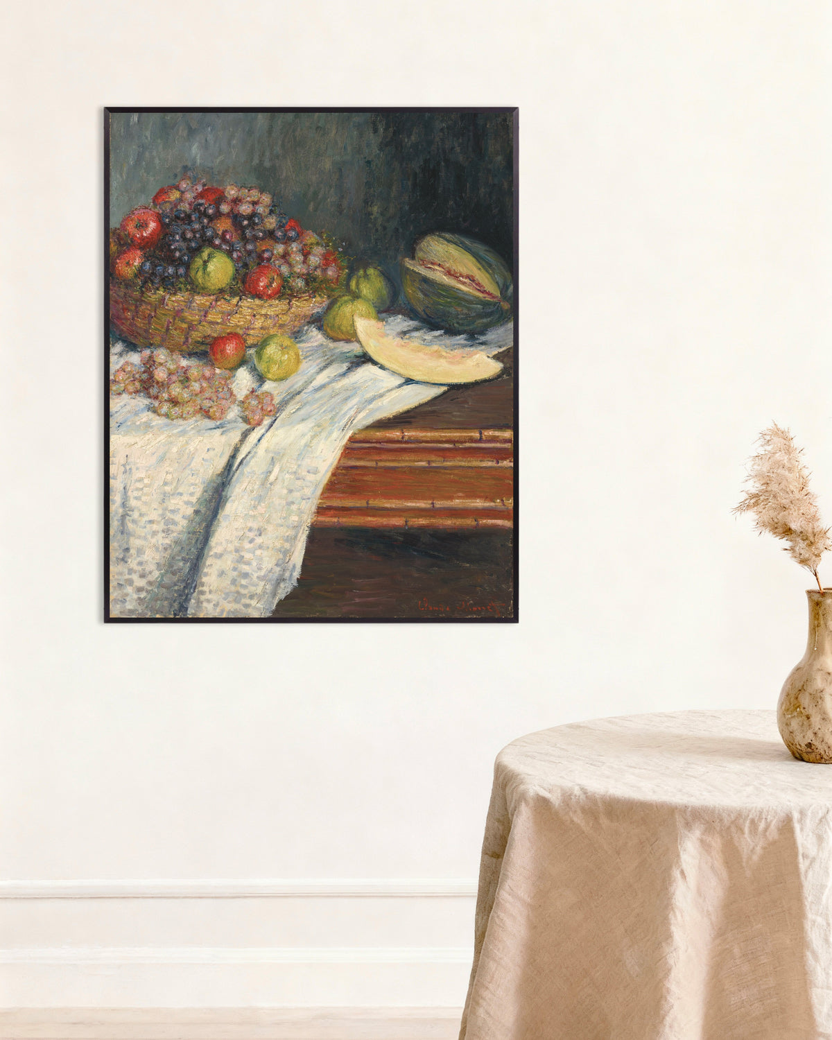 Claude Monet’n Asetelma ja meloni (1879) -juliste metallikehyksessä