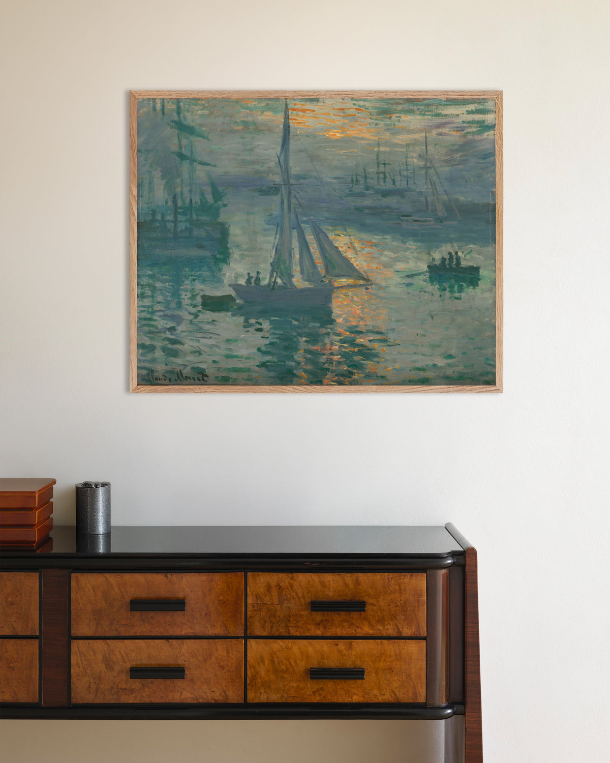 Claude Monet’n Auringonnousu, merimaisema (1873) -juliste luonnonvärisessä puukehyksessä