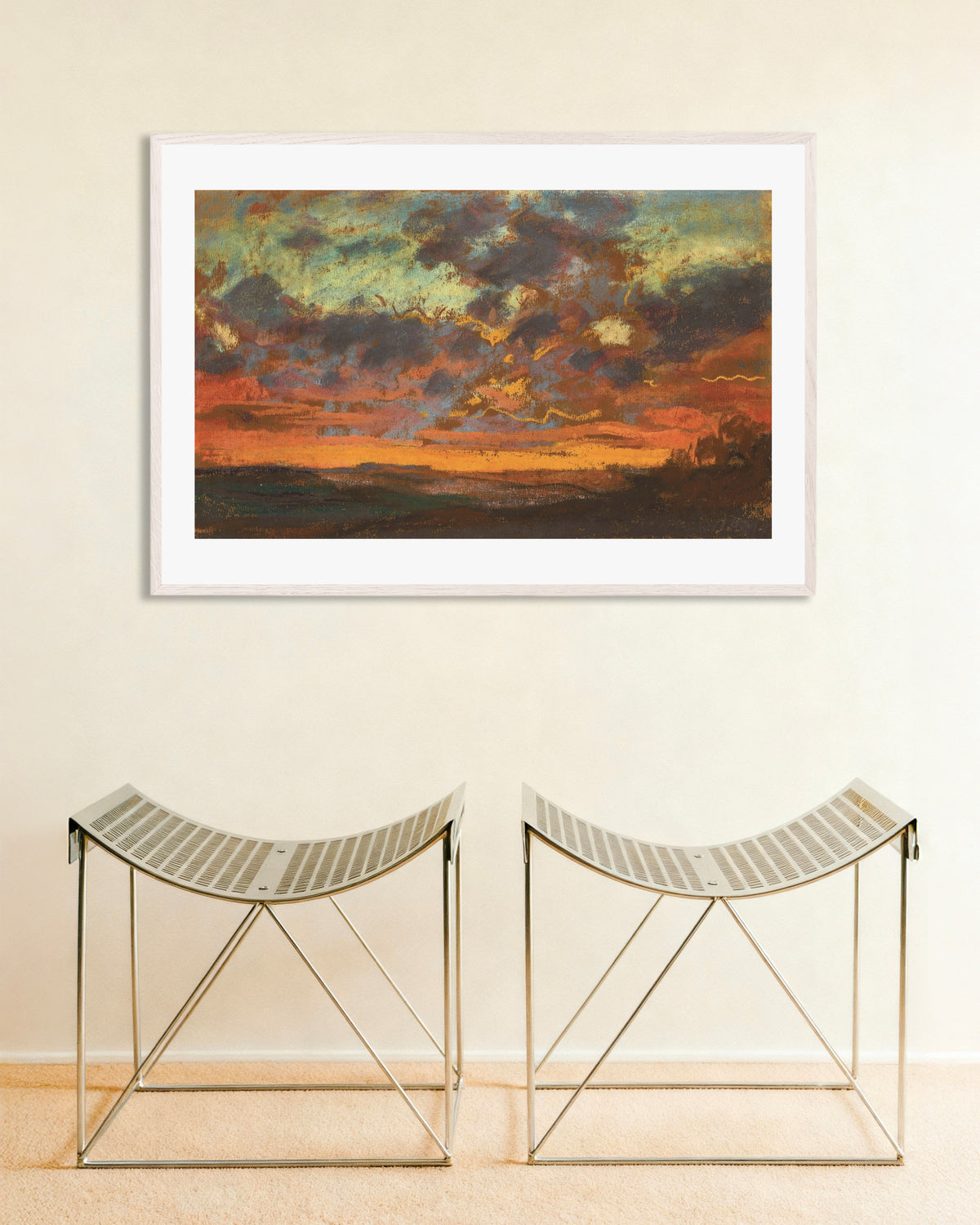 Claude Monet’n Auringonlasku (n. 1868) -juliste valkoisessa puukehyksessä