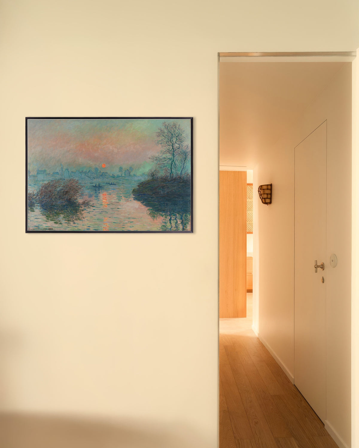 Claude Monet’n Auringonlasku Seinellä Lavacourtissa, talvi (1880) -juliste metallikehyksessä