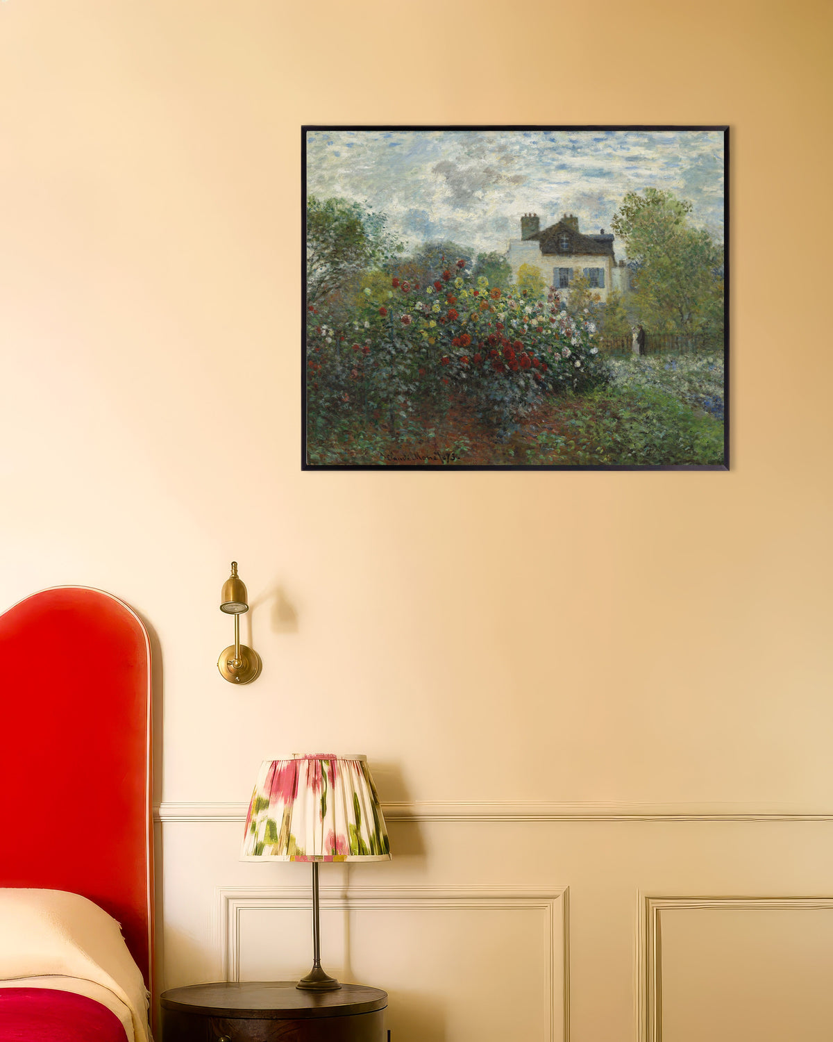 Claude Monet’n Taiteilijan puutarha Argenteuilissa, daalianurkkaus (1873) -juliste metallikehyksessä