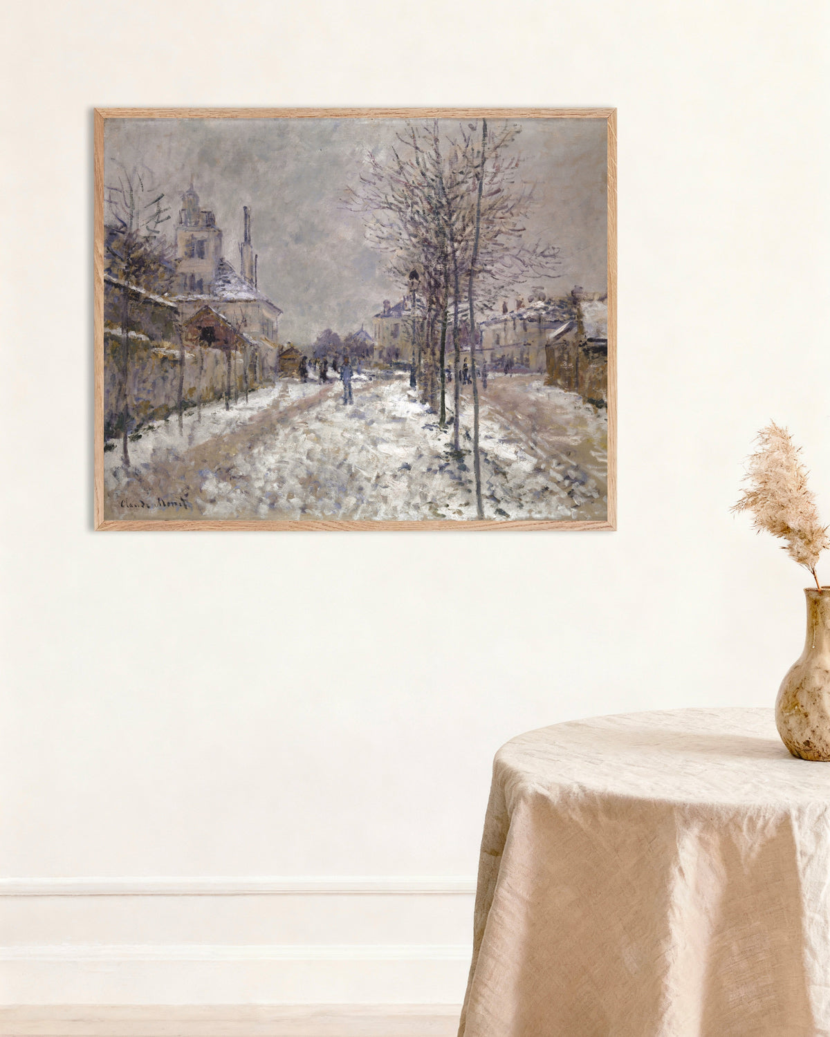 Claude Monet’n Boulevard de Pontoise Argenteuilissa, lunta (1875) -juliste luonnonvärisessä puukehyksessä