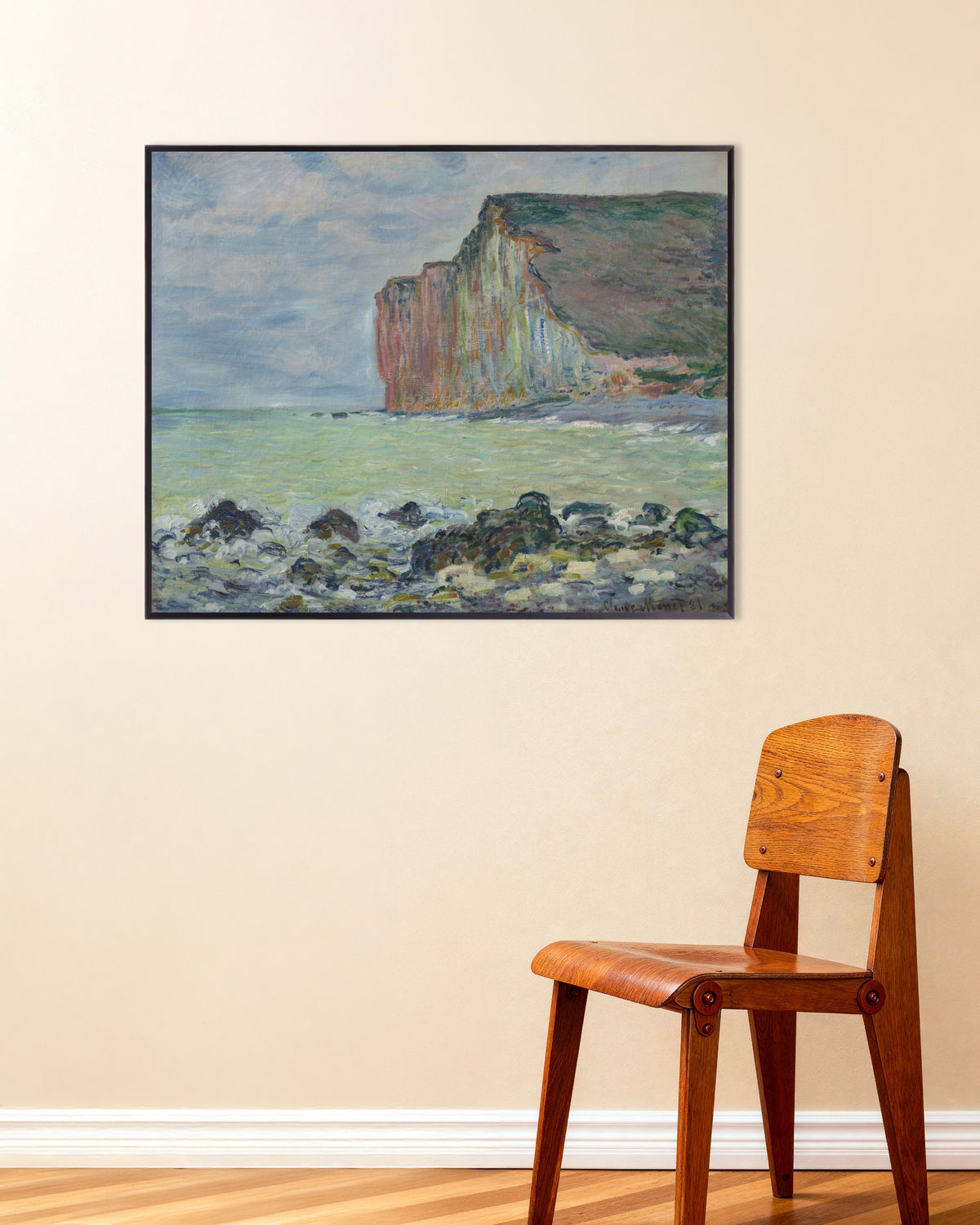 Claude Monet’n Les Petites-Dallesin jyrkänne (1881) -juliste metallikehyksessä