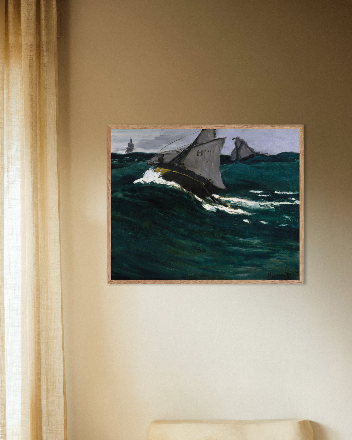 Claude Monet’n Vihreä aalto (n. 1866–1867) -juliste luonnonvärisessä puukehyksessä