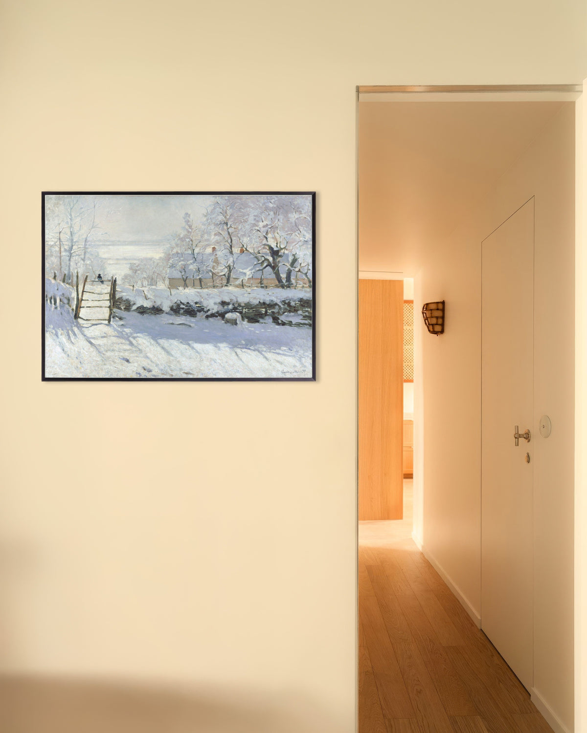 Claude Monet’n Harakka (1868–1869) -juliste metallikehyksessä