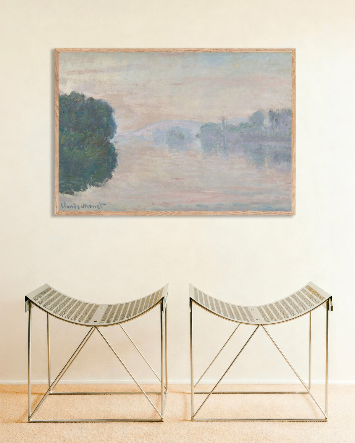 Claude Monet’n Seine usvassa (1894) -juliste luonnonvärisessä puukehyksessä
