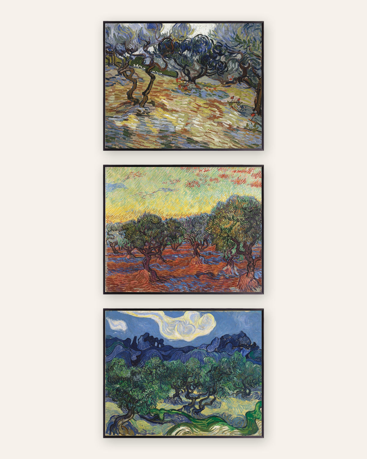Van Gogh -julisteet oliivipuista, 3 kpl setti: Saint-Rémyn oliivilehdot, mustissa metallikehyksissä