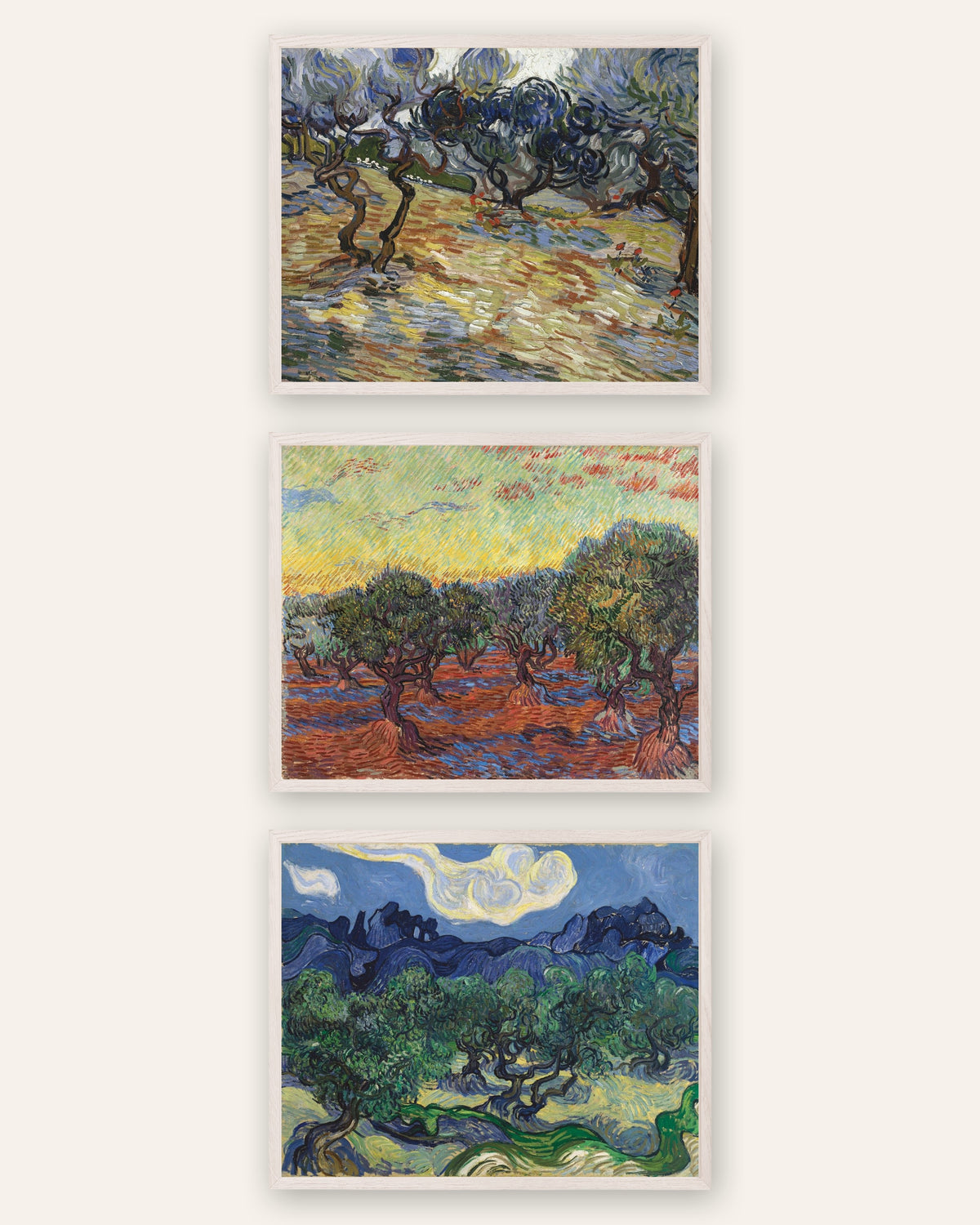 Van Gogh -julisteet oliivipuista, 3 kpl setti: Saint-Rémyn oliivilehdot, valkoisissa tammikehyksissä