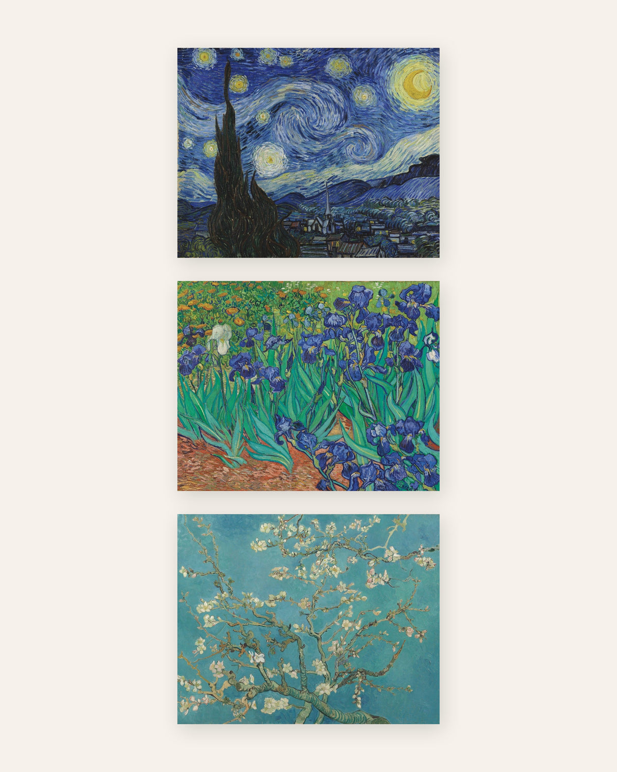 Van Gogh -julisteet, 3 kpl setti: Tähtikirkas yö, Iirikset ja Kukkivat mantelinoksat, ilman kehystä