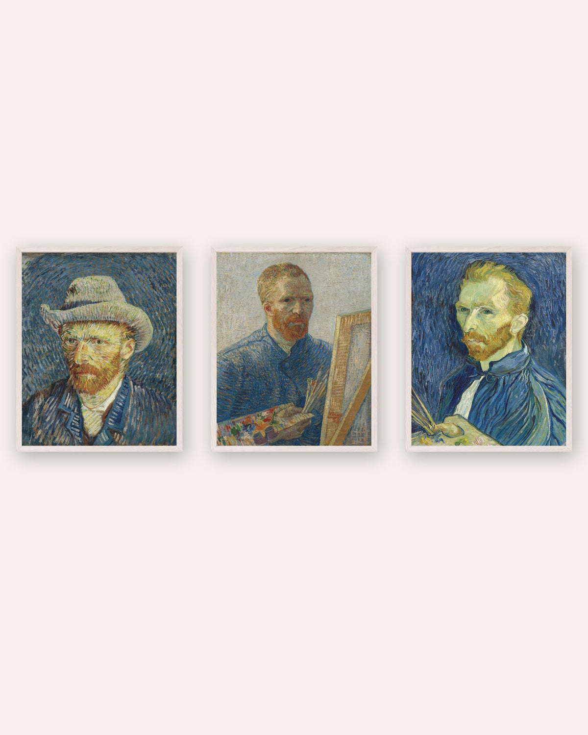 Van Gogh -omakuvajulisteet, 3 kpl setti: Pariisista Saint-Rémyyn, valkoisissa tammikehyksissä