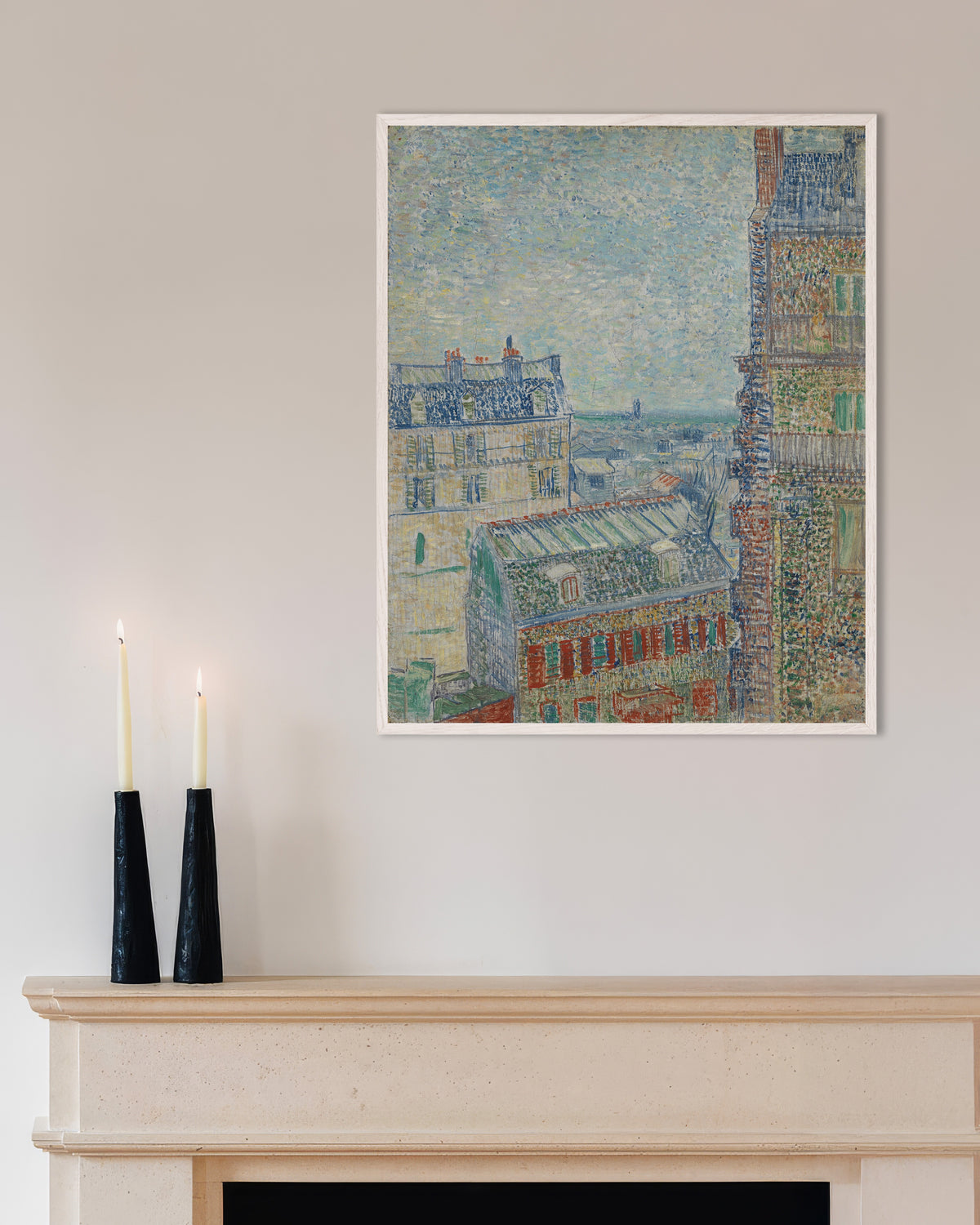 Juliste teoksesta Näkymä Theon asunnosta (1887), Vincent van Gogh, valkoisella puukehyksellä