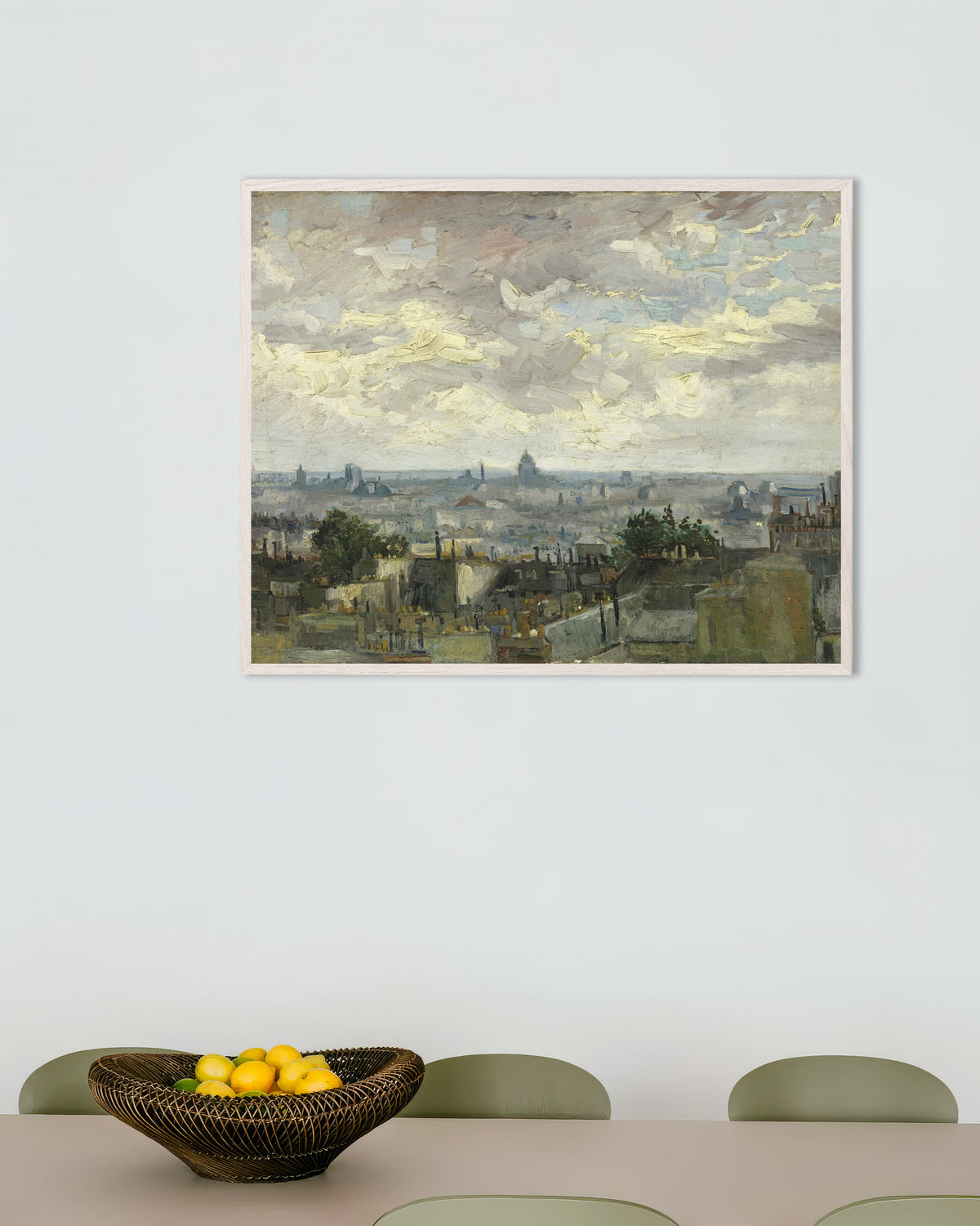 Vincent van Goghin teos Näkymä Pariisiin (1886) -juliste valkoisella puukehyksellä