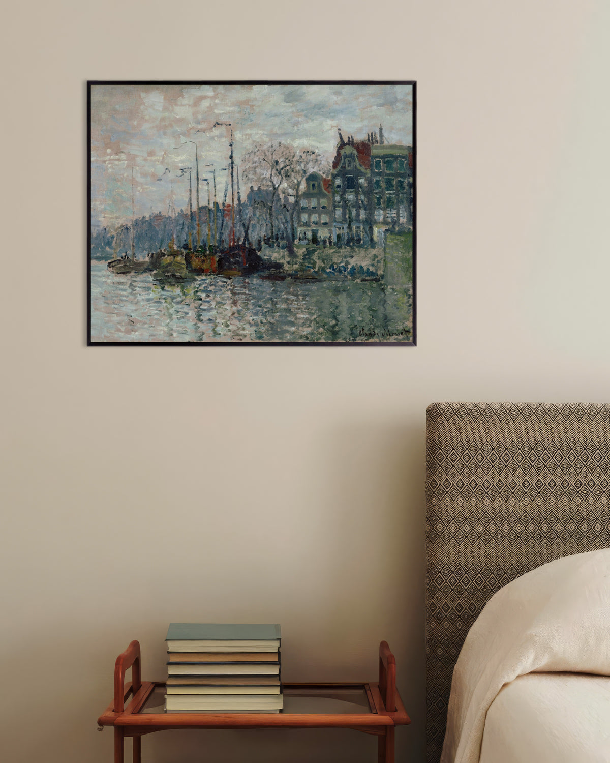 Claude Monet’n Näkymä Prins Hendrikkadelle ja Kromme Waalille Amsterdamissa (1874) -juliste metallikehyksessä