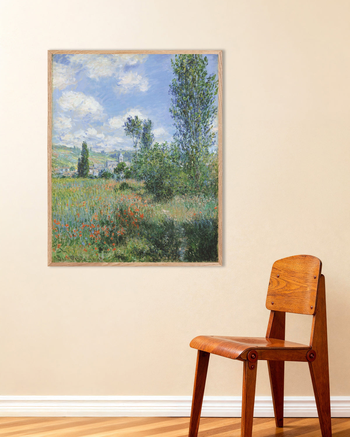 Claude Monet’n Näkymä Vétheuiliin (1880) -juliste luonnonvärisessä puukehyksessä