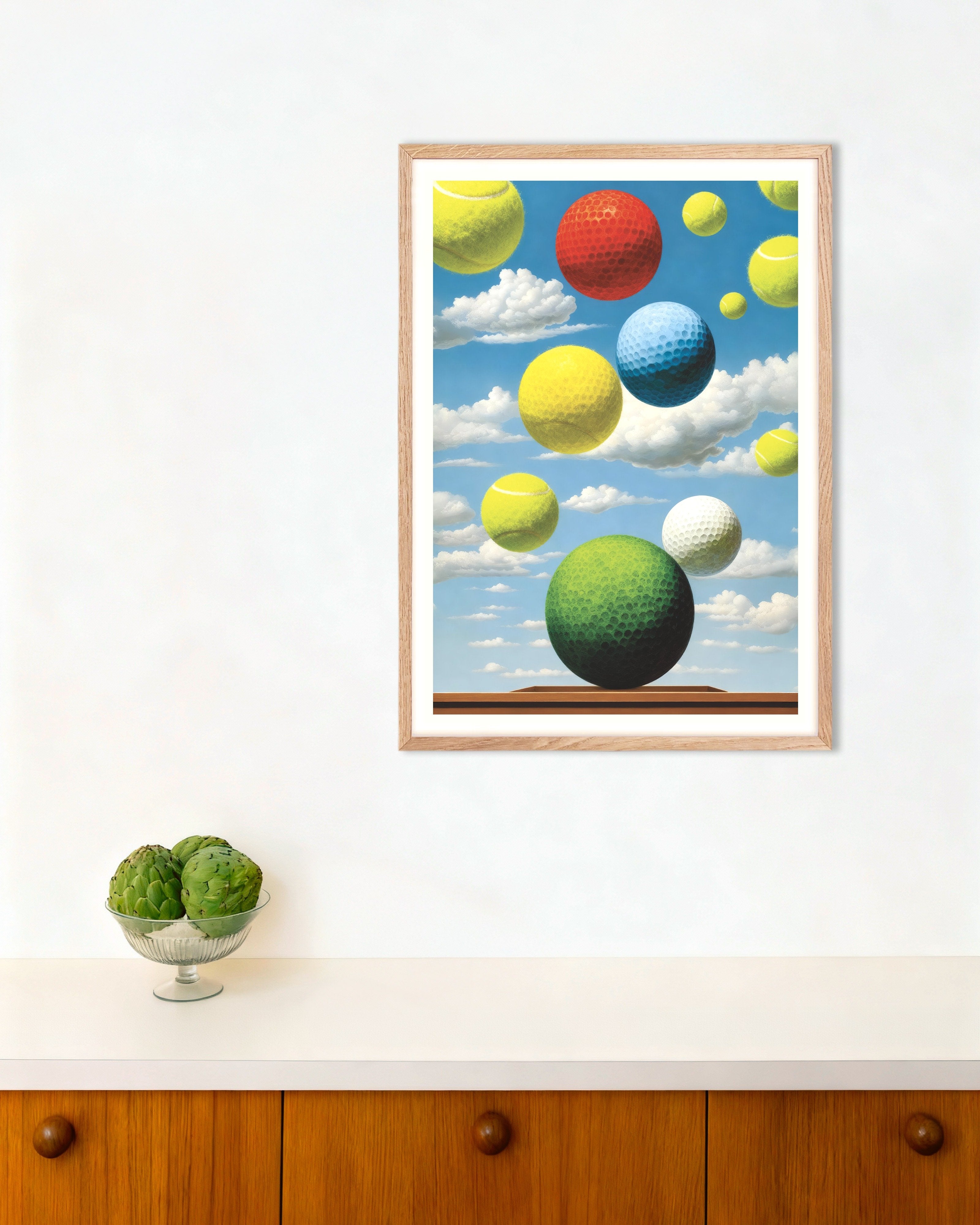 Poster of We love tennis and golf, poster – Surreal sports art print, with natural wooden frame