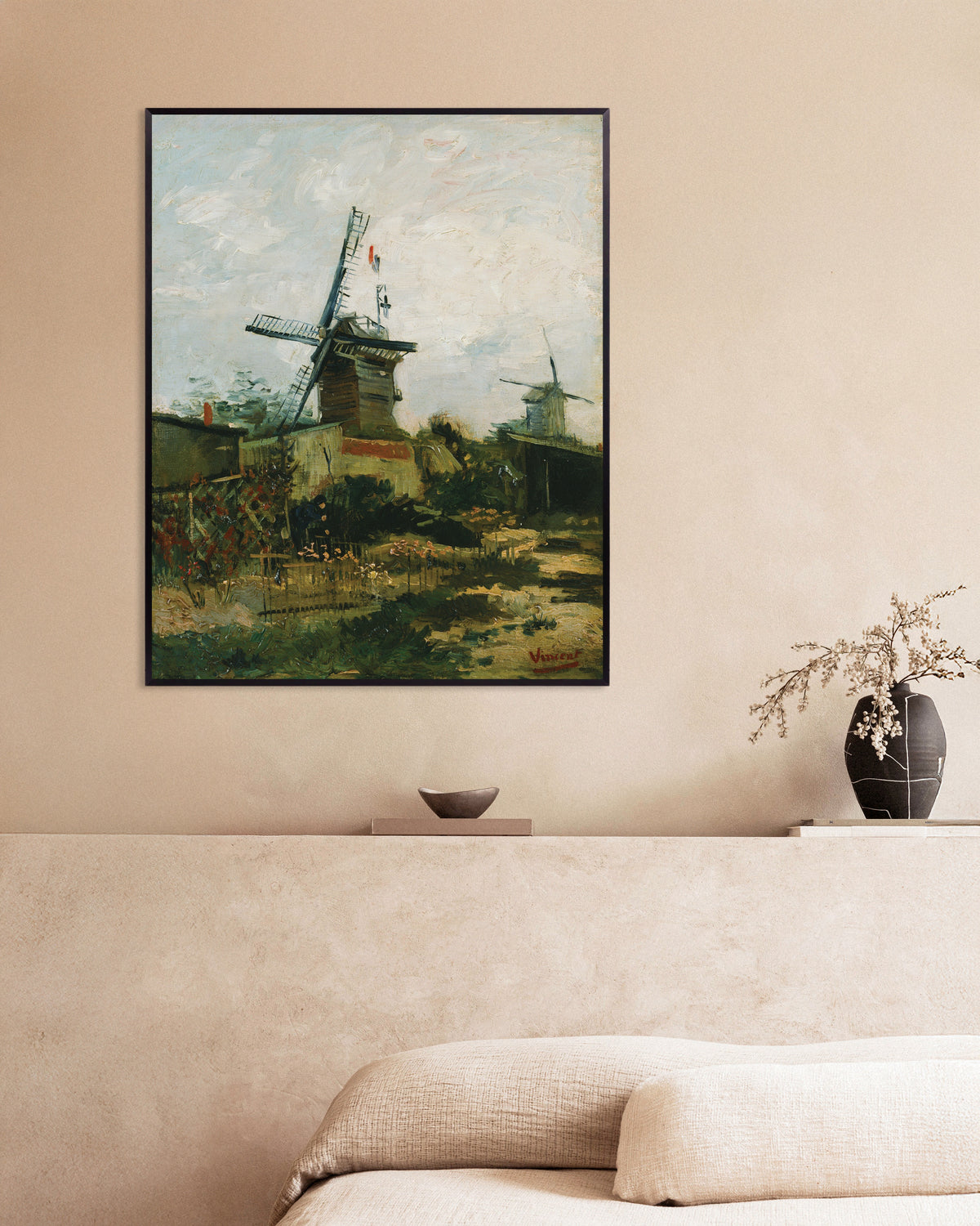 Juliste teoksesta Vincent van Goghin Maunamyllyt Montmartrella (1886), metallikehyksellä
