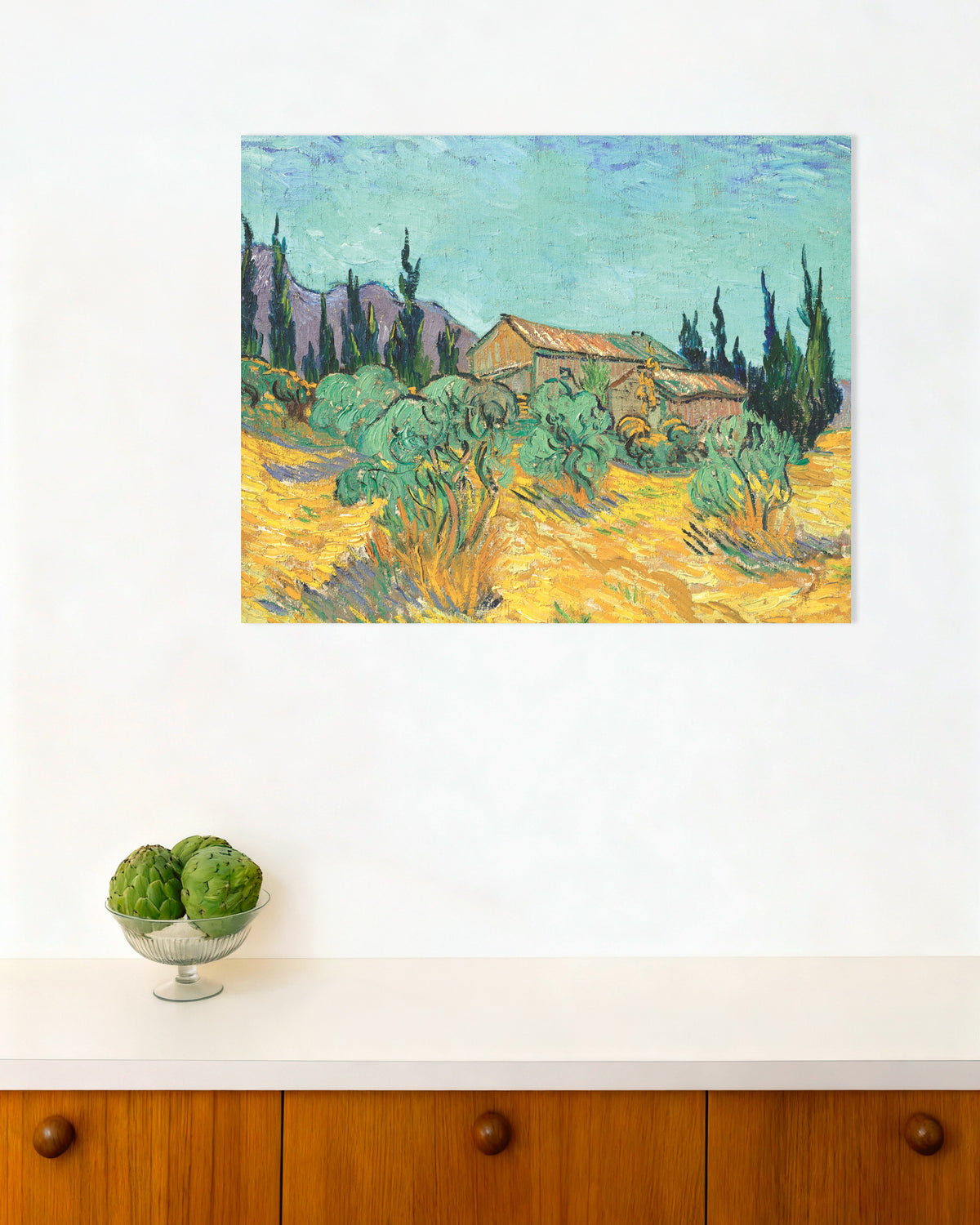 Juliste teoksesta Puupuhdat oliivipuiden ja sypressien keskellä (1889), Vincent van Gogh
