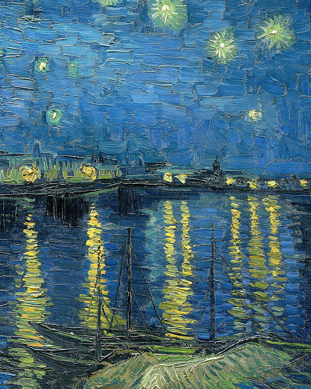 Yksityiskohta Vincent van Goghin maalauksesta Tähtikirkas yö Rhônen yllä (1888): Arlesin valot heijastuvat jokeen sinisen tähtitaivaan alla