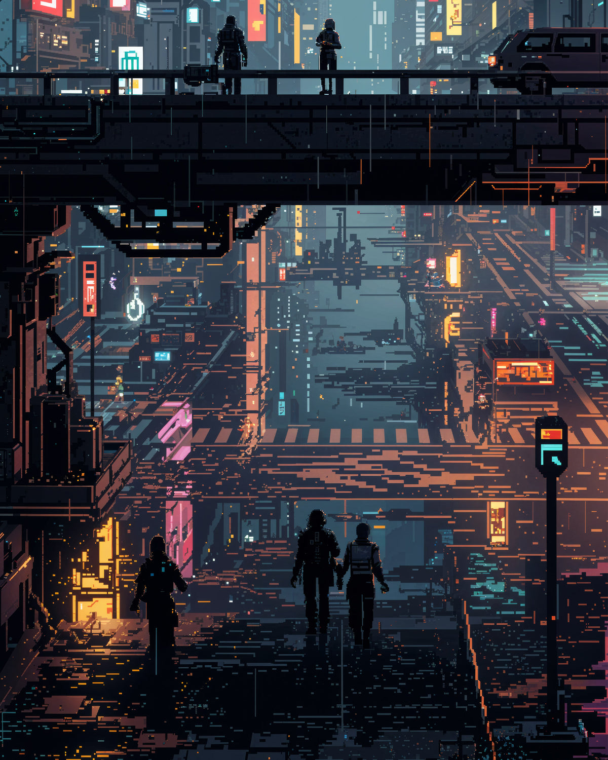 Futuristinen kyberpunk-kaupunkimaisema, jossa siluettimaiset jalankulkijat kulkevat korotettujen kulkuväylien alla. Neonkyltit hehkuvat sinisen, pinkin, oranssin ja keltaisen sävyissä.