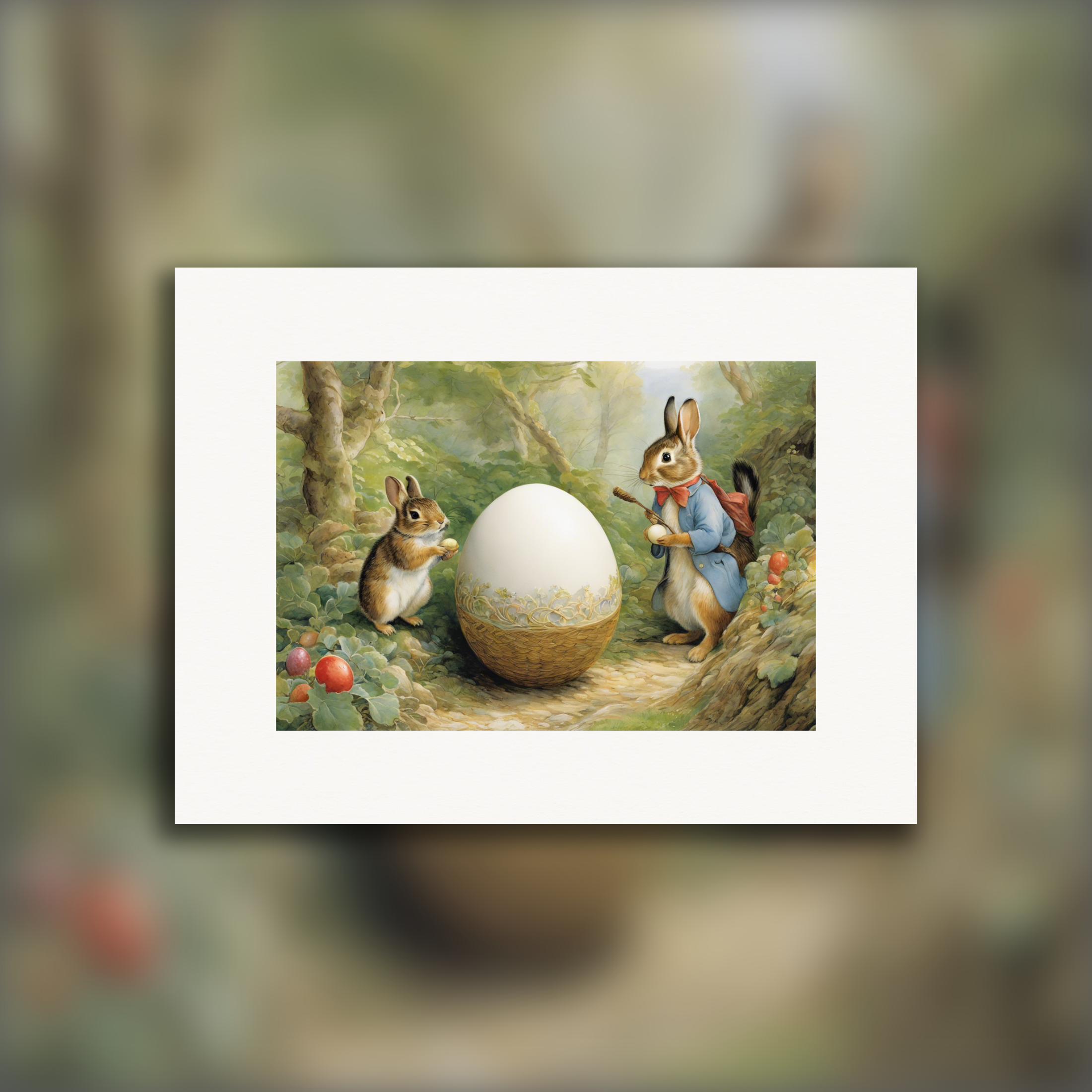 Easter poster, charming tales, delicate British watercolors, Rabbits and Egg