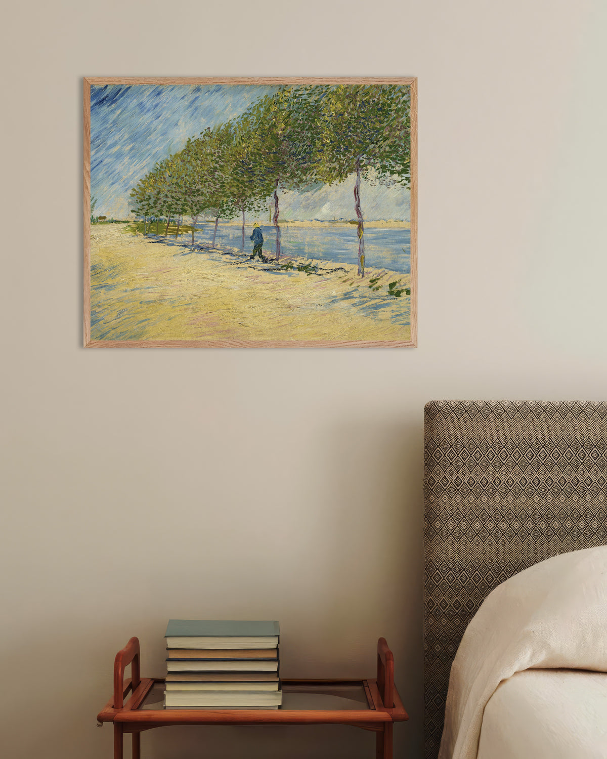 Juliste, jossa Vincent van Goghin maalaus Seine-joen varrella (1887), luonnonvärisillä puukehyksillä