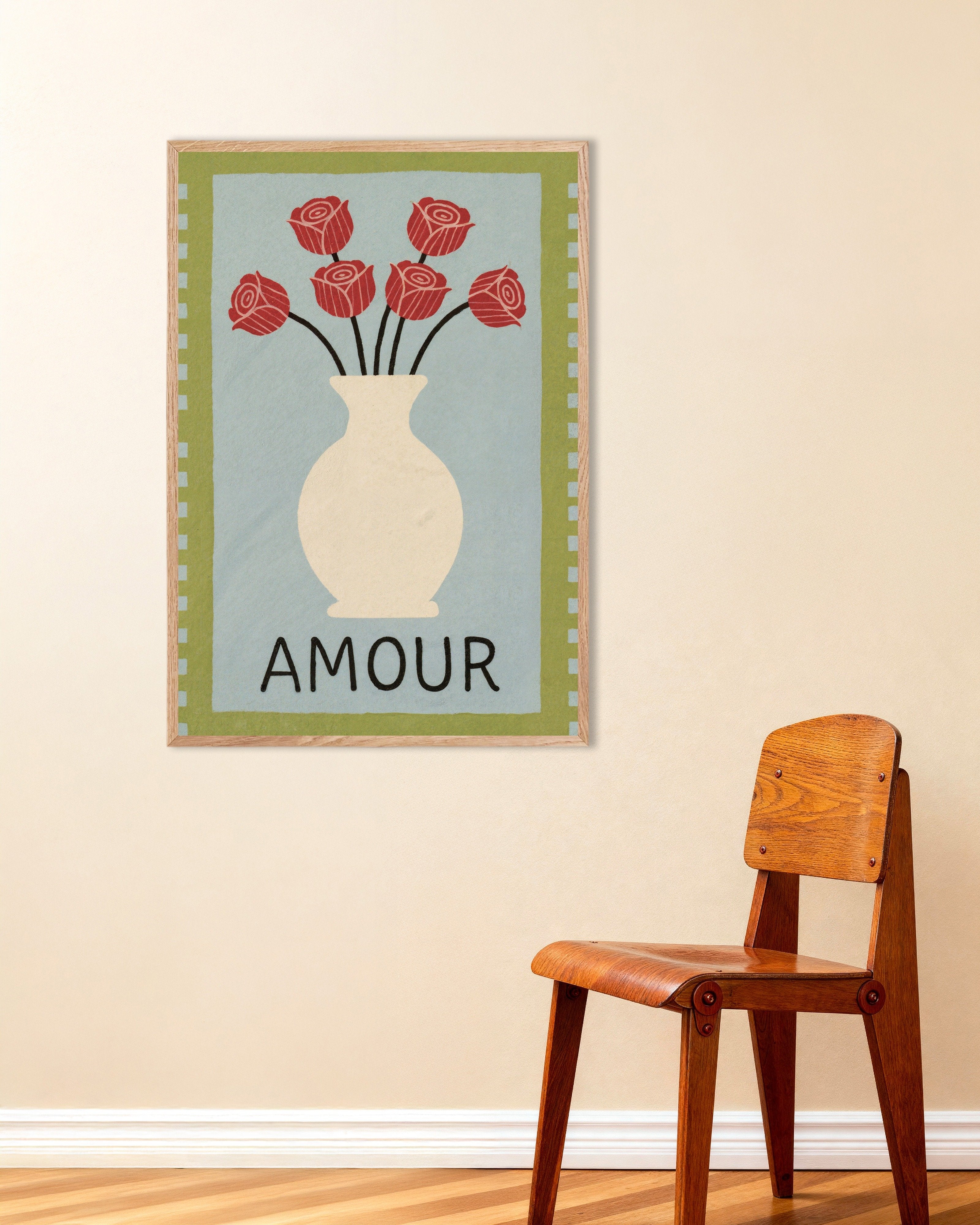 Poster of Amour - Roses Vase - Poster, with natural wooden frame