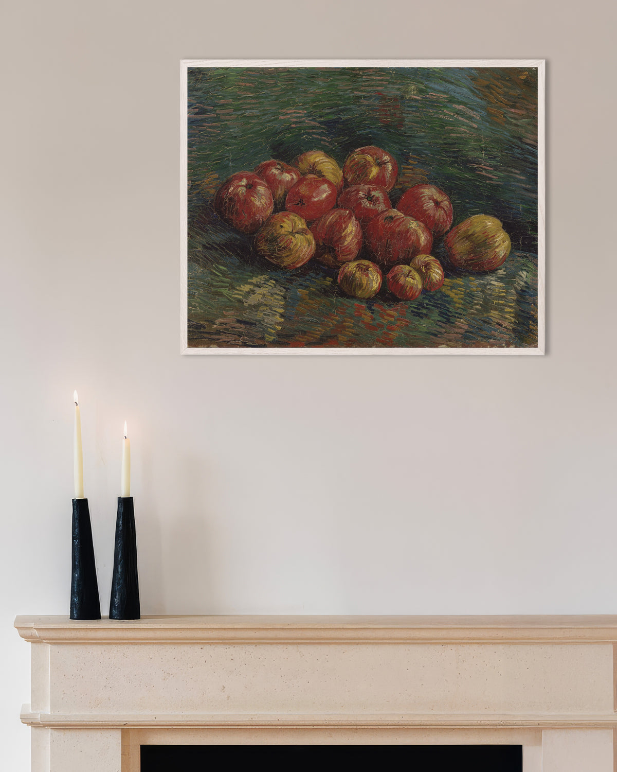 Juliste teoksesta Vincent van Goghin Omenat (1887), valkoisissa puukehyksissä