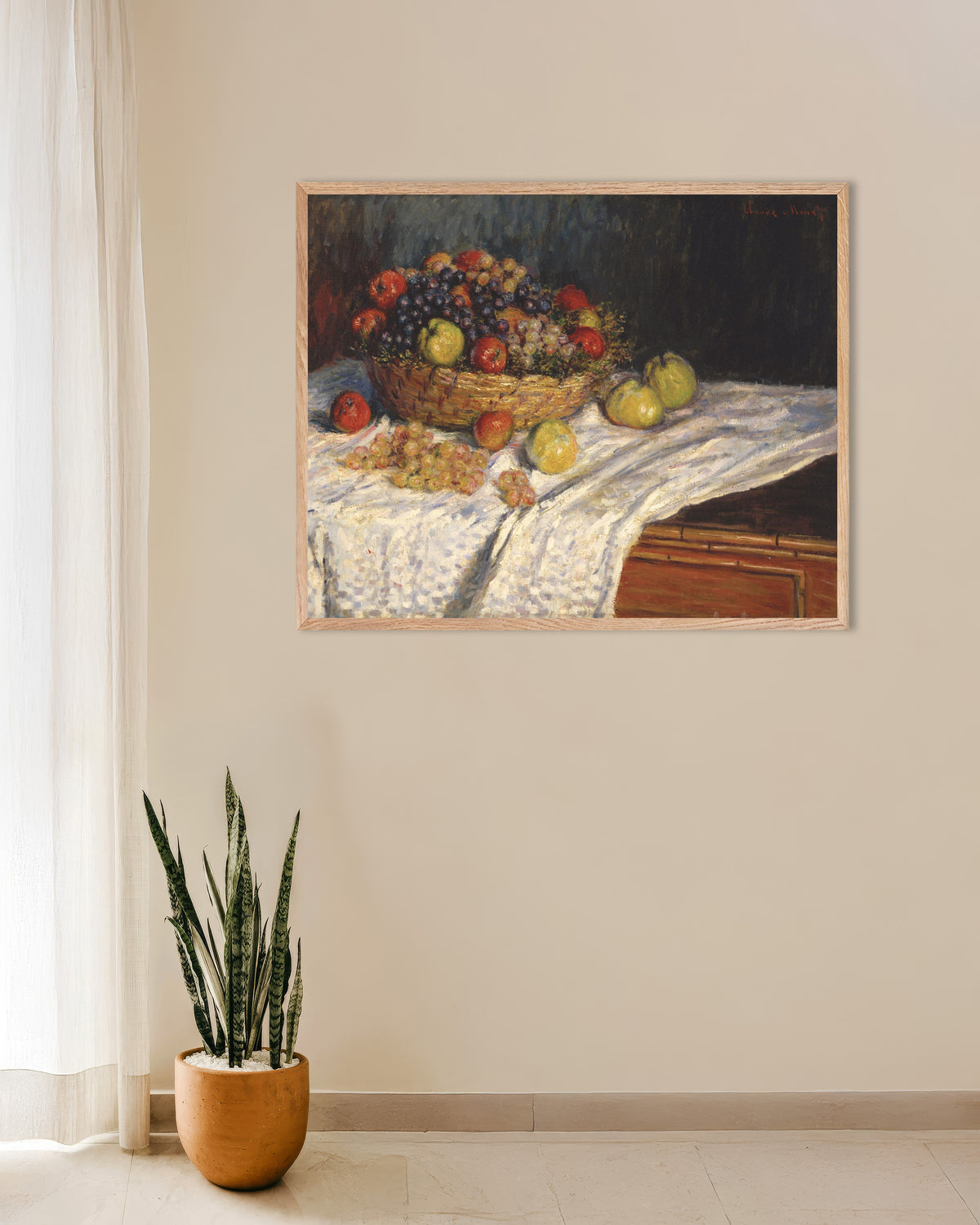 Claude Monet’n Omenia ja viinirypäleitä (1879–1880) -juliste luonnonvärisessä puukehyksessä