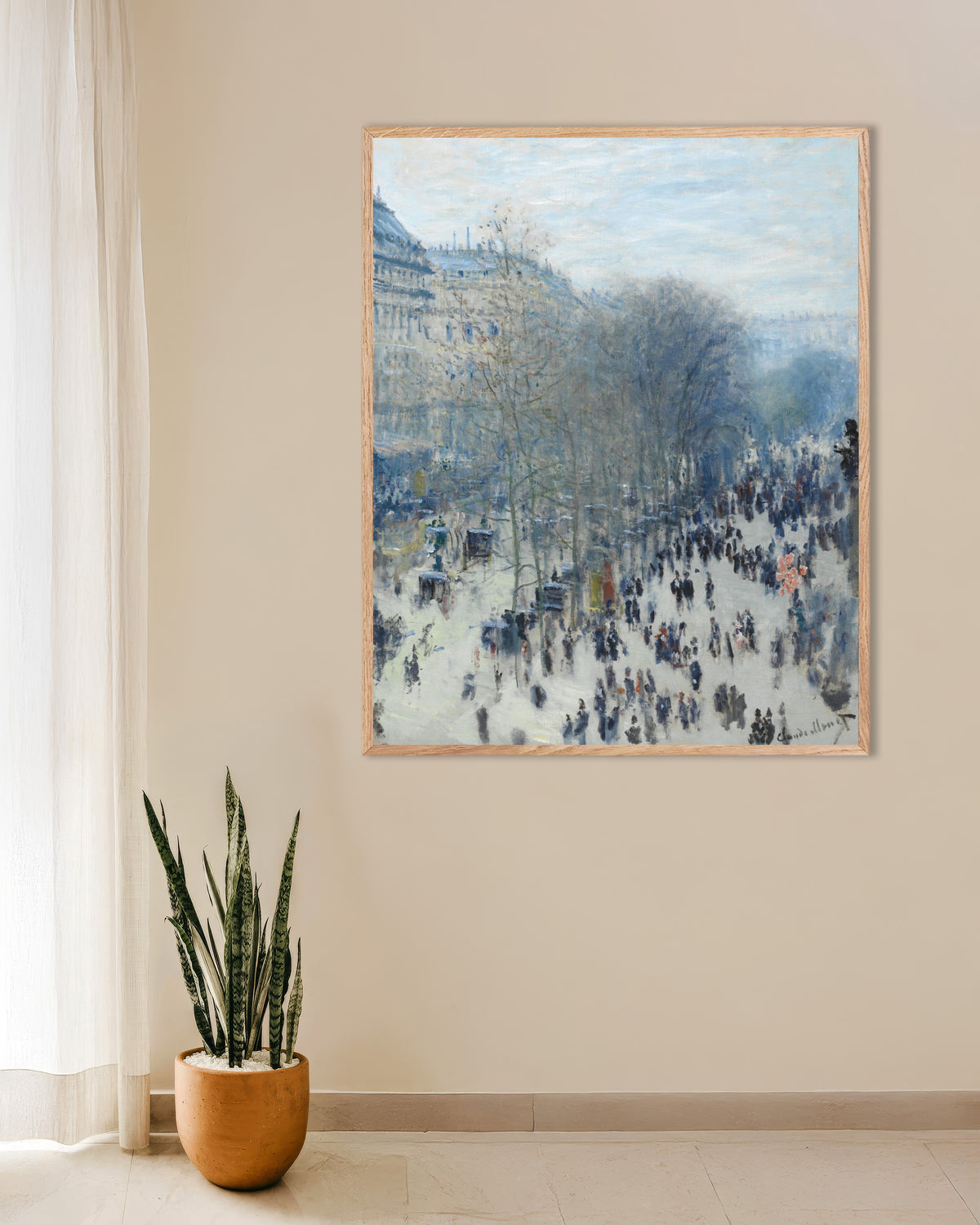 Claude Monet’n Boulevard des Capucines (1873–1874) -juliste luonnonvärisessä puukehyksessä
