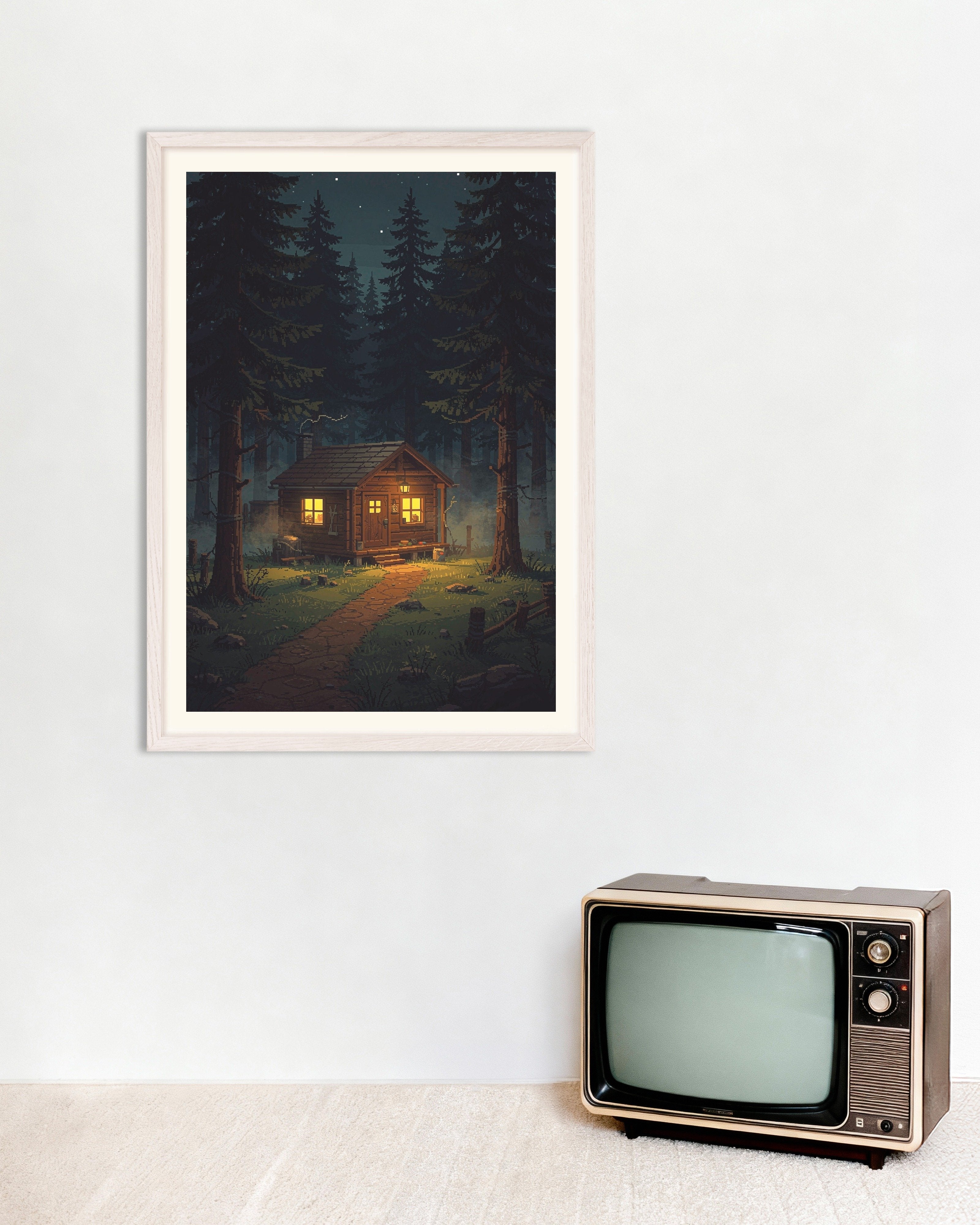 Poster of Cabin Glow in the Forest - Pixel Art Poster, with white wooden frame