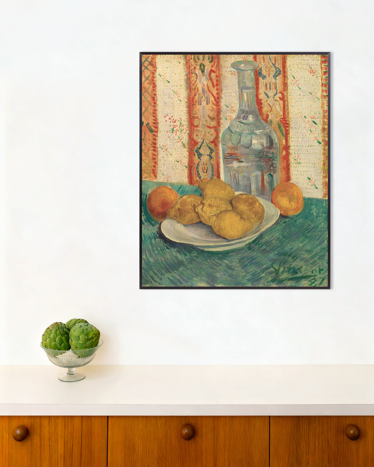 Vincent van Goghin Asetelma karahvista ja sitrushedelmistä (1887) -juliste metallikehyksellä