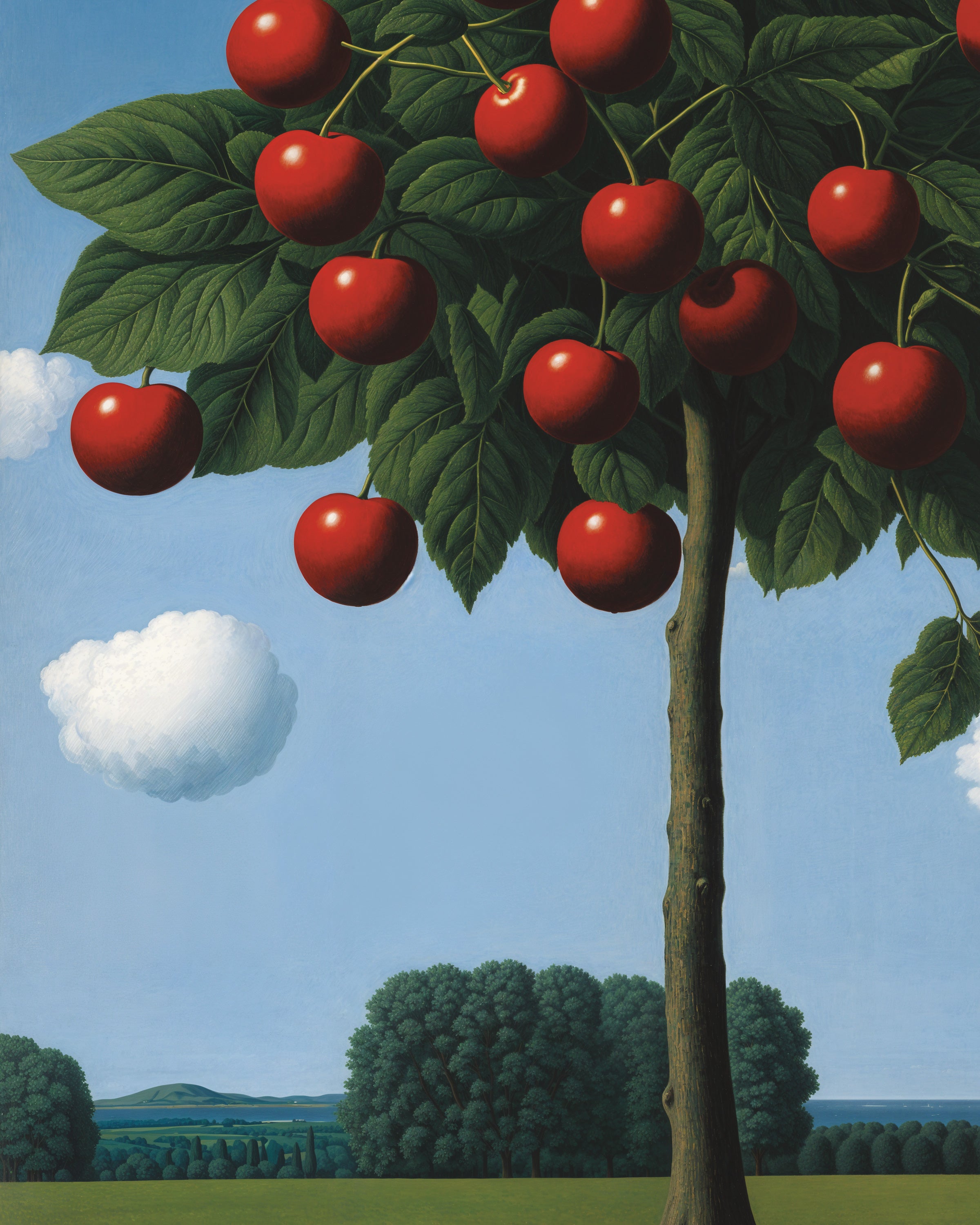 Artistic depiction of a tree with red apples against a blue sky with white clouds.