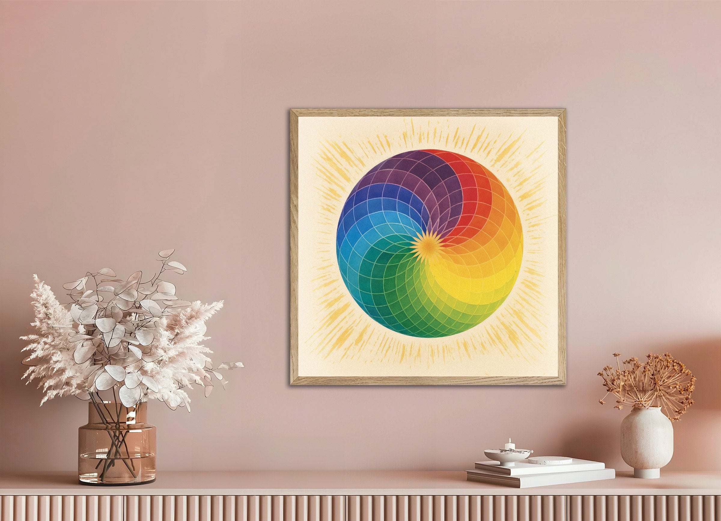 Poster of Color wheel mandala art print, with natural wooden frame