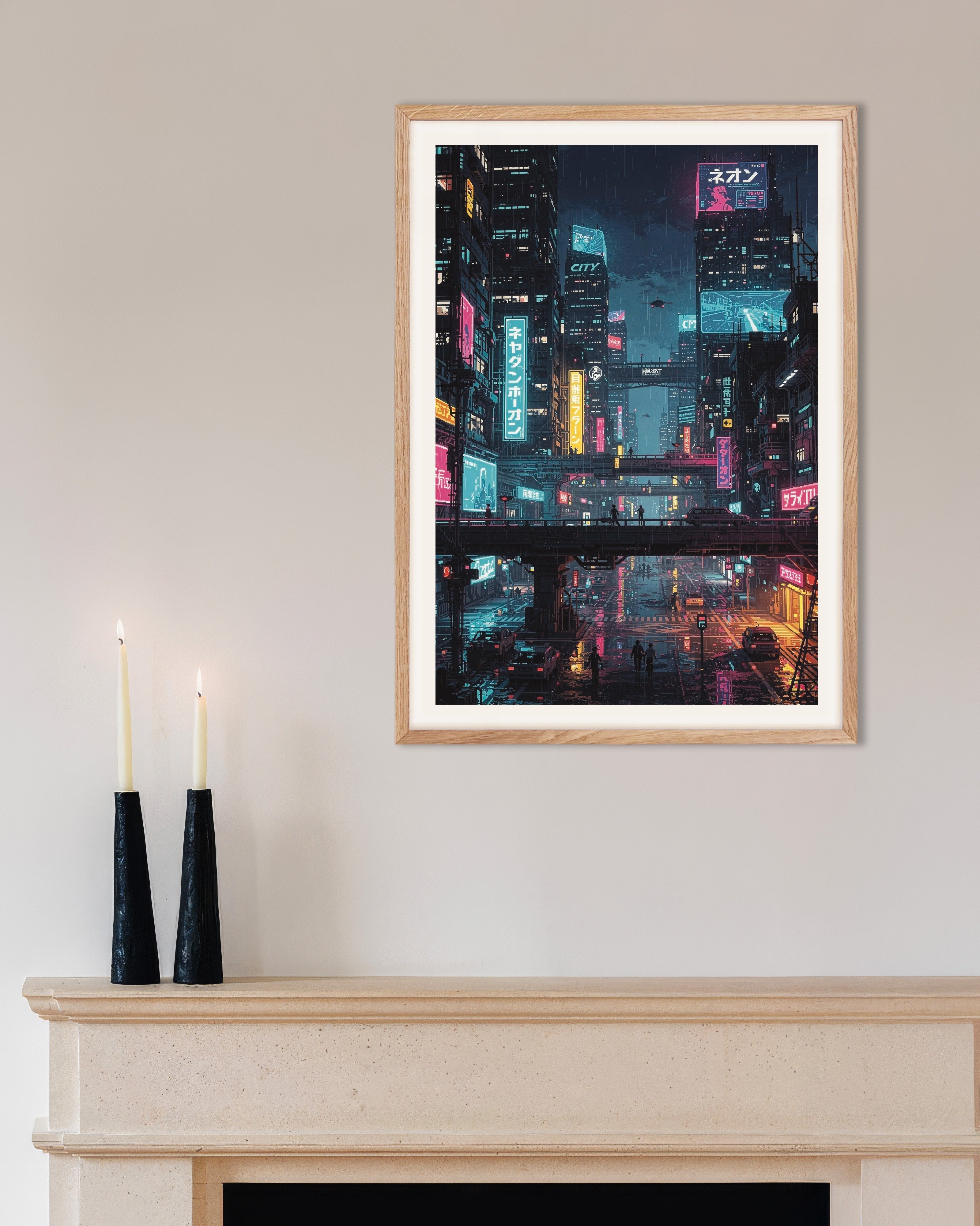 Poster of Cyberpunk Japanese City Pixel Art, with natural wooden frame