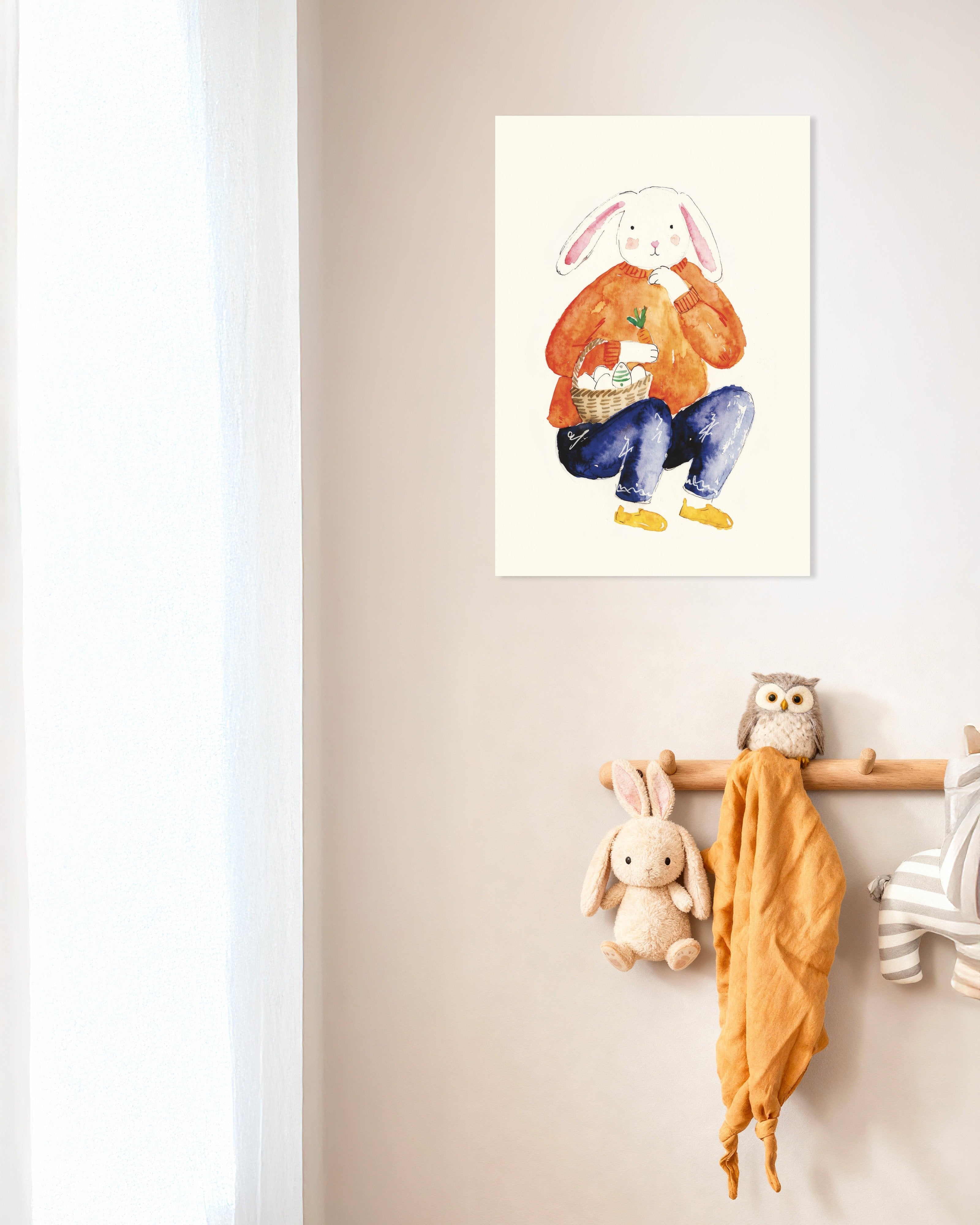 Poster of Easter Bunny in Orange Sweater - Watercolor Poster