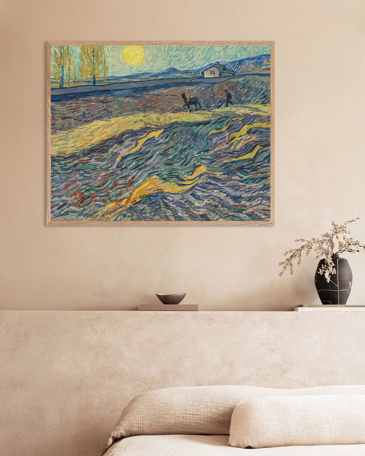 Vincent van Goghin teos Suljettu pelto ja kyntömies (1889), juliste luonnonvärisissä puukehyksissä